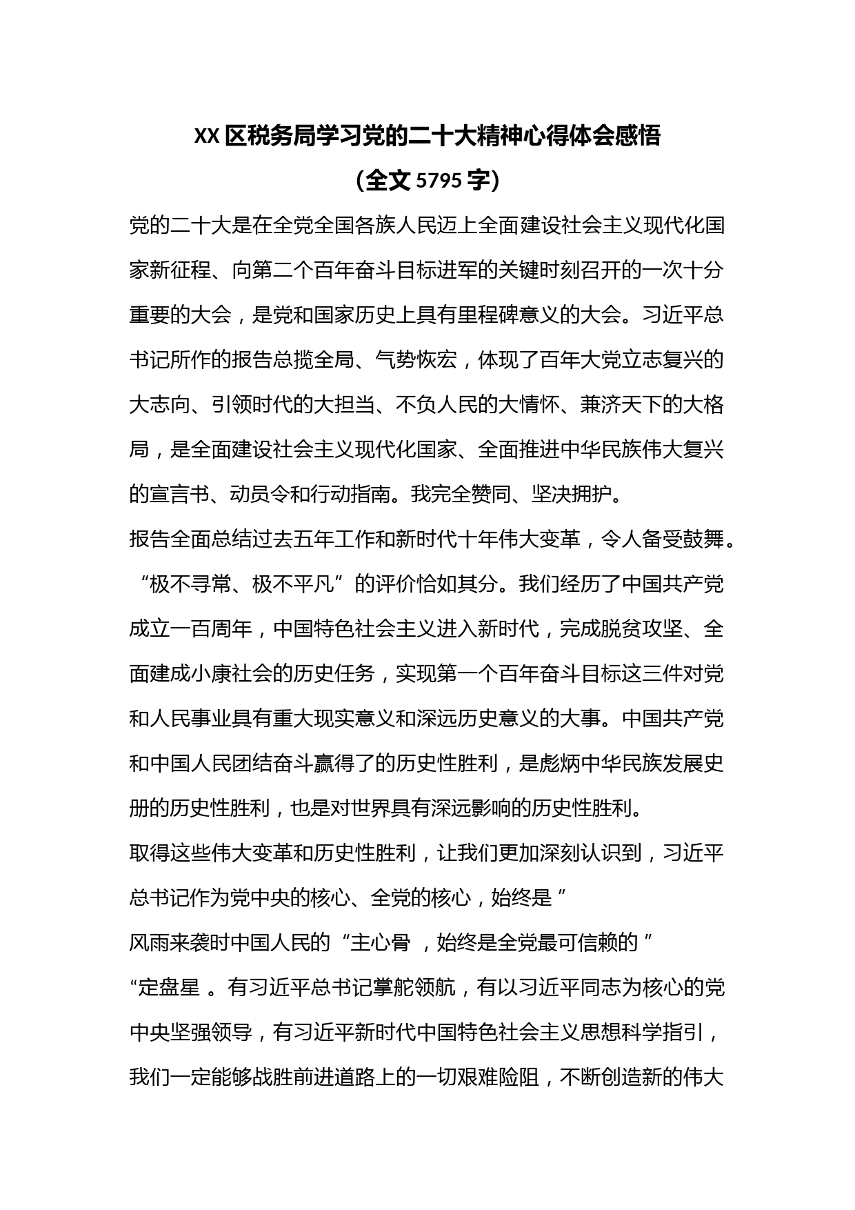 XX区税务局学习党的二十大精神心得体会感悟（全文5795字）