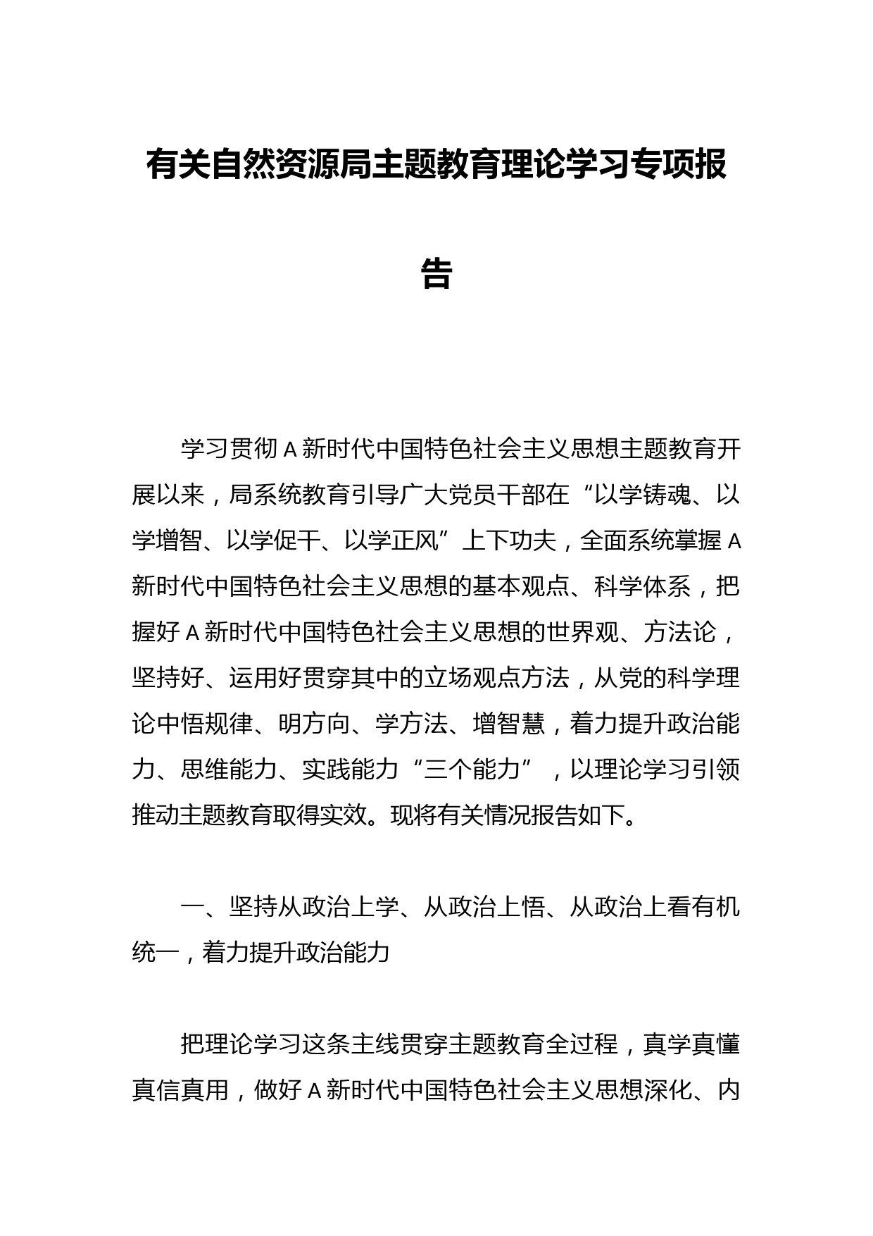 有关自然资源局主题教育理论学习专项报告