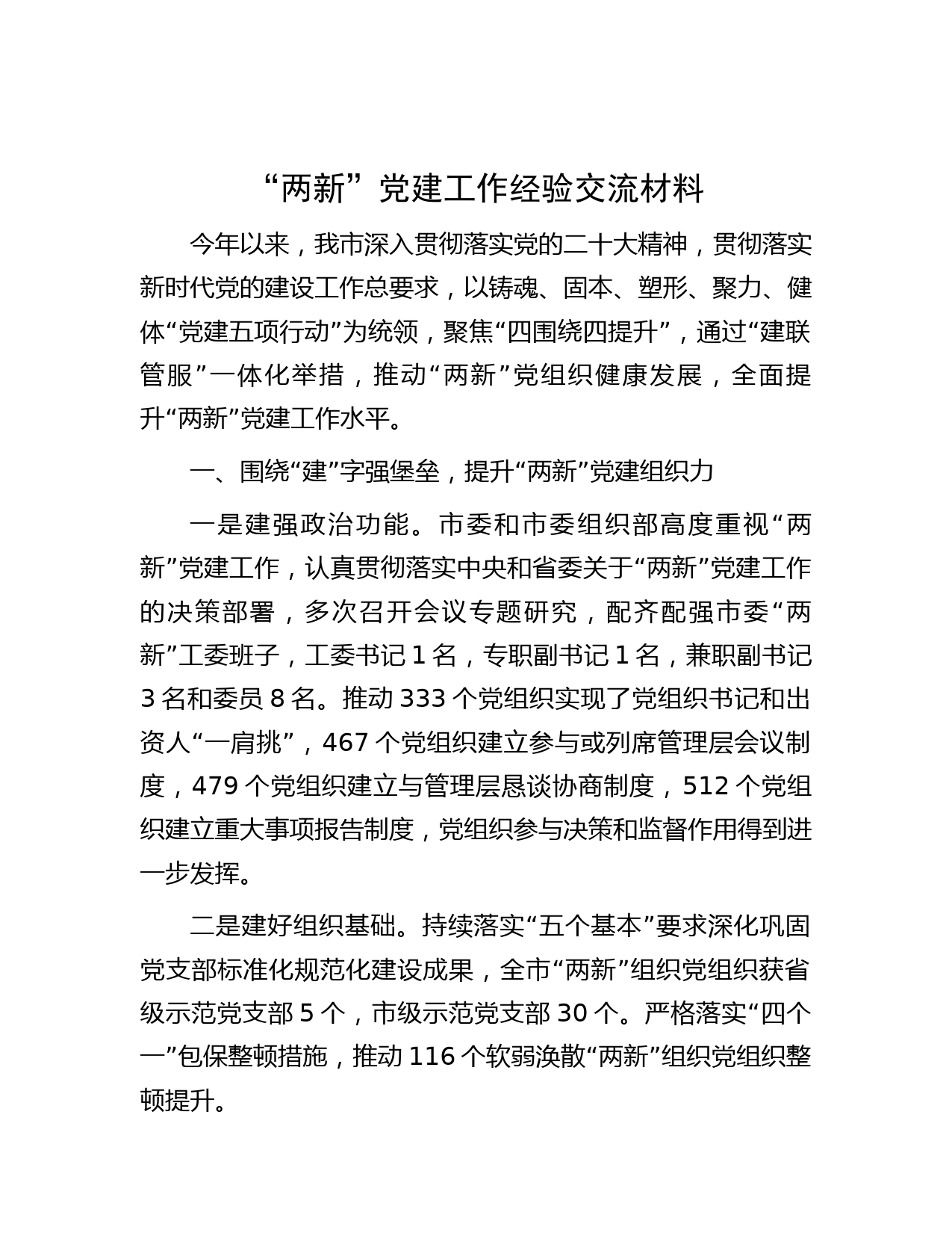 “两新”党建工作经验交流材料