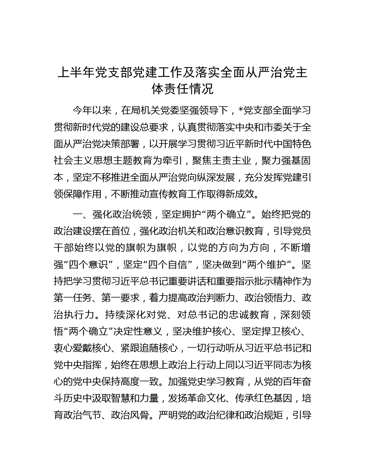 上半年党支部党建工作及落实全面从严治党主体责任情况