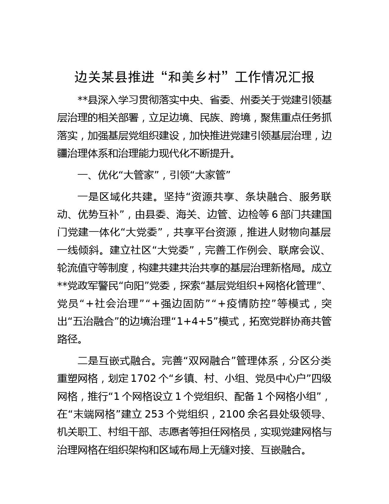 边关某县推进“和美乡村”工作情况汇报