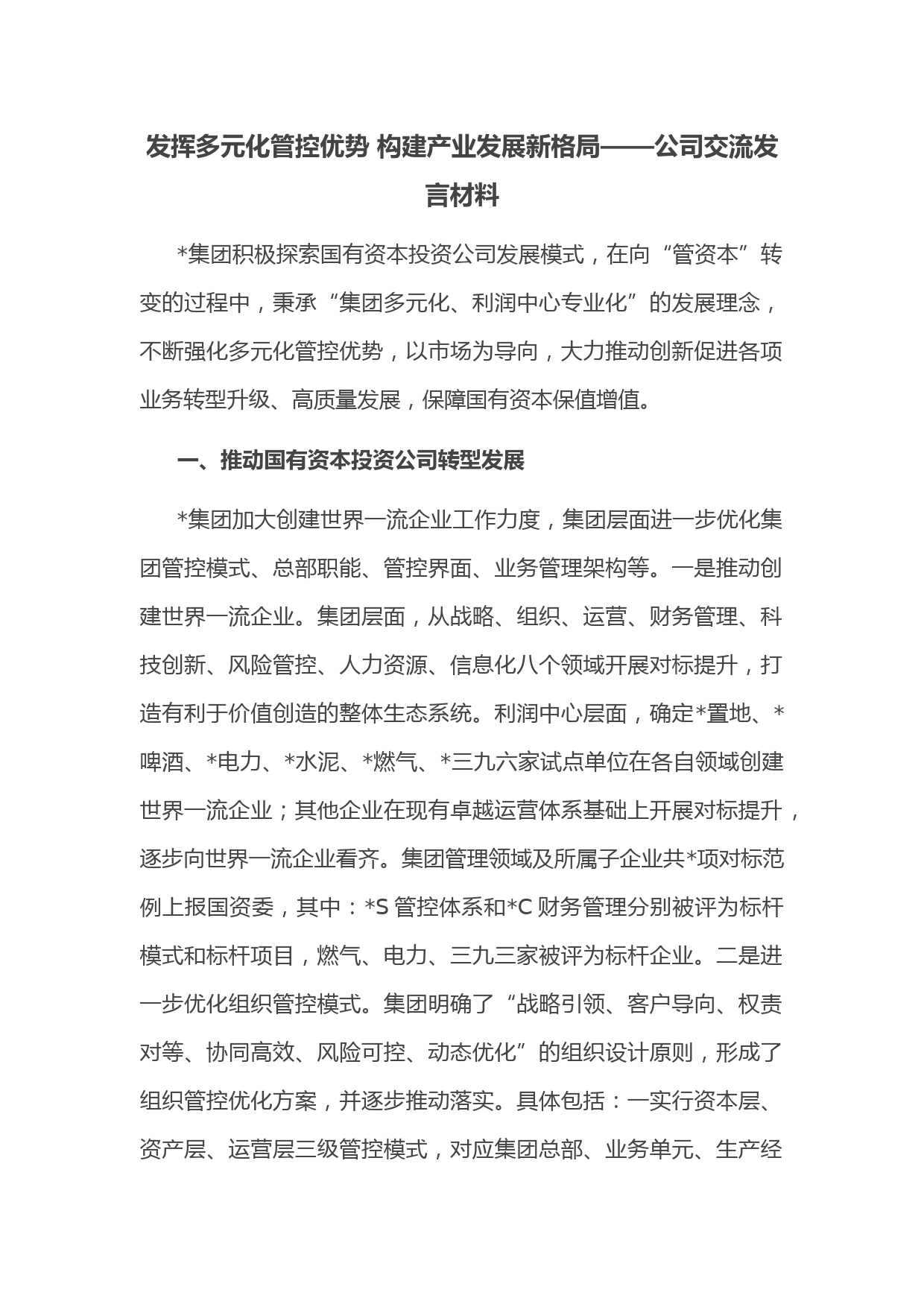 发挥多元化管控优势 构建产业发展新格局——公司交流发言材料