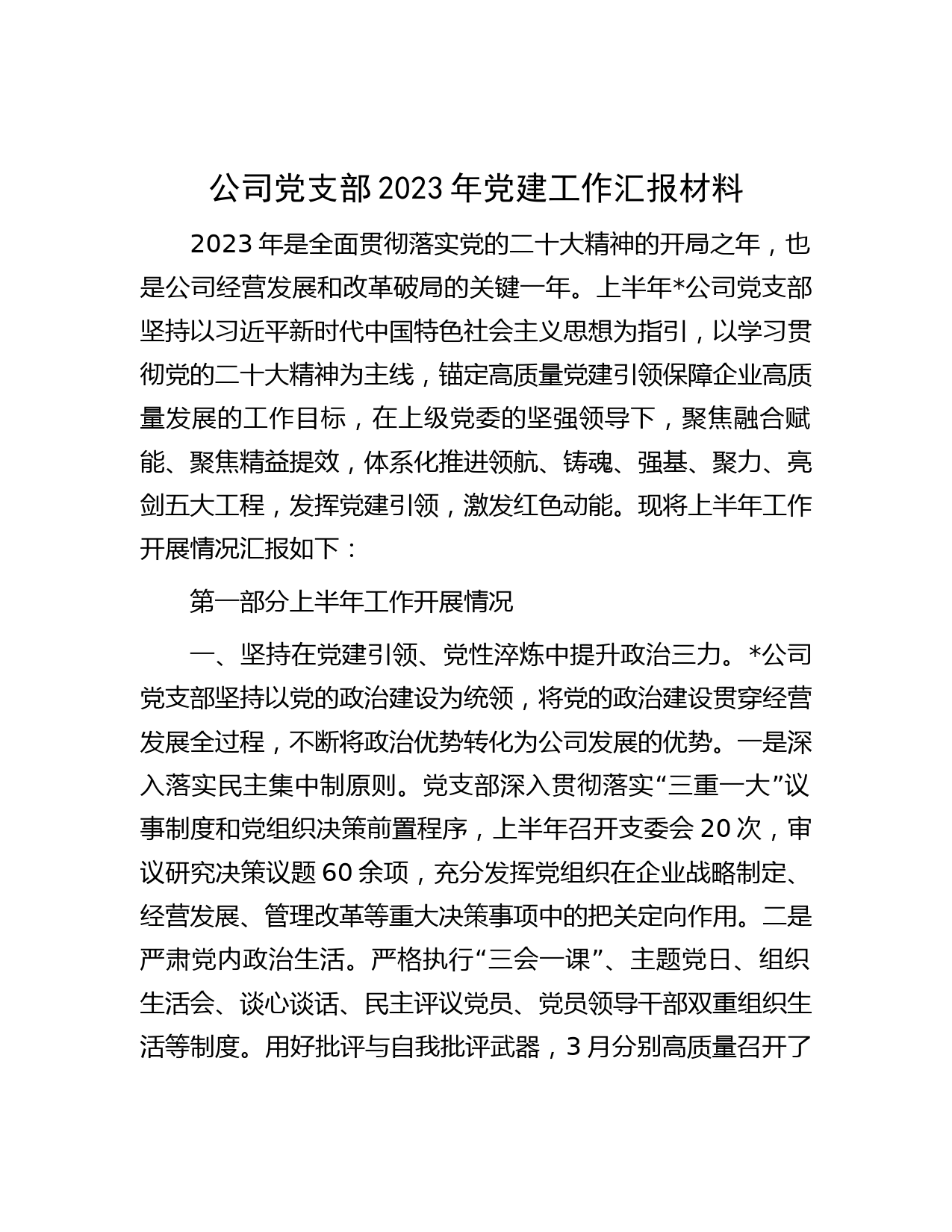 公司党支部2023年党建工作汇报材料