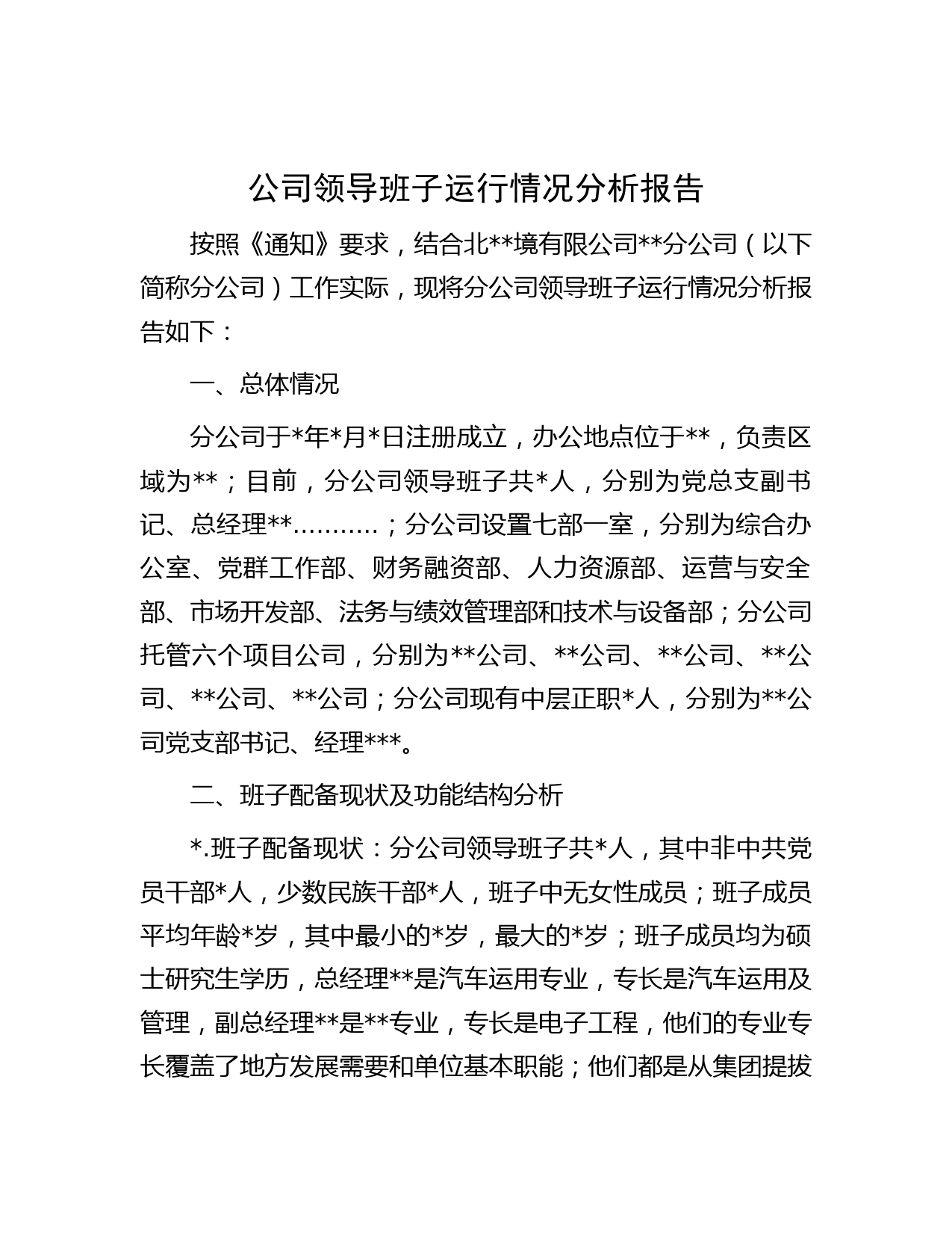 公司领导班子运行情况分析报告