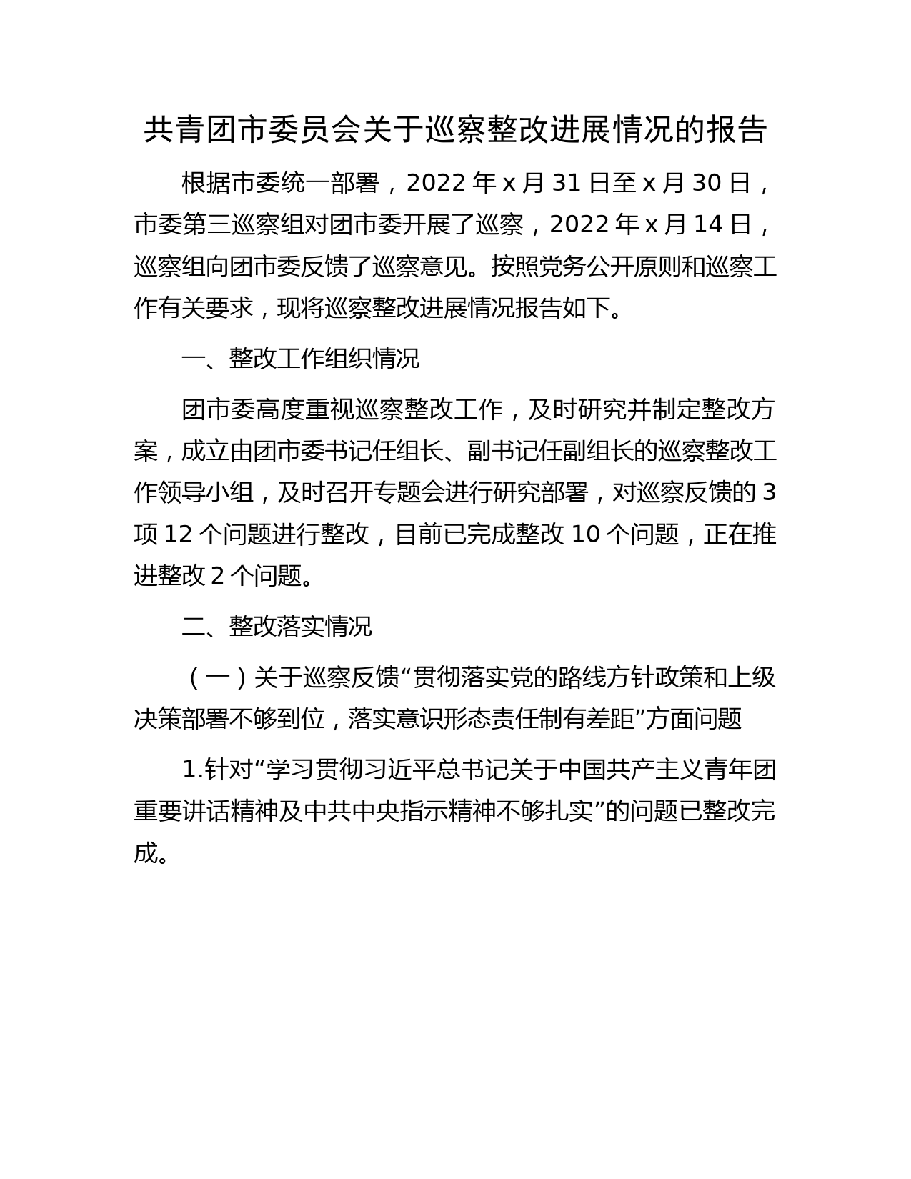 共青团巡察整改进展情况总结报告5800字