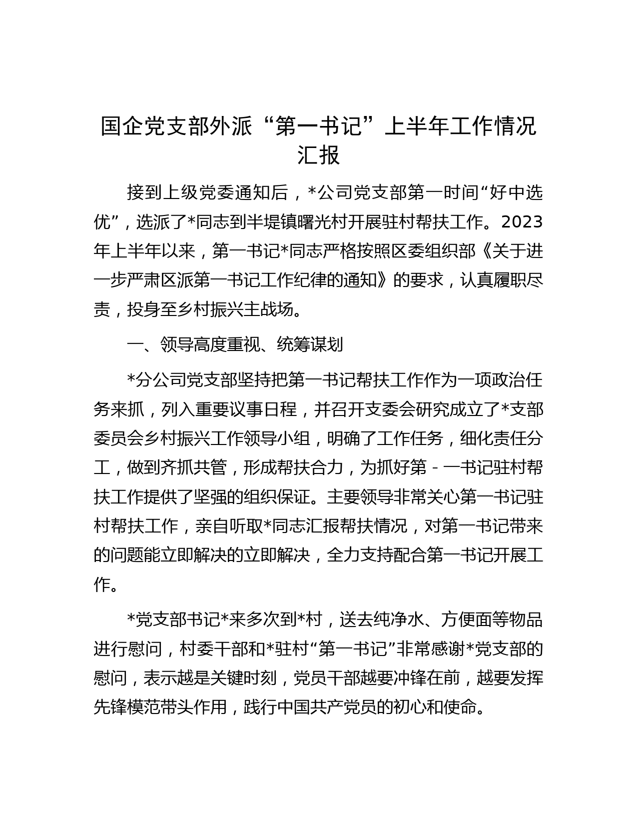 国企党支部外派“第一书记”上半年工作情况汇报