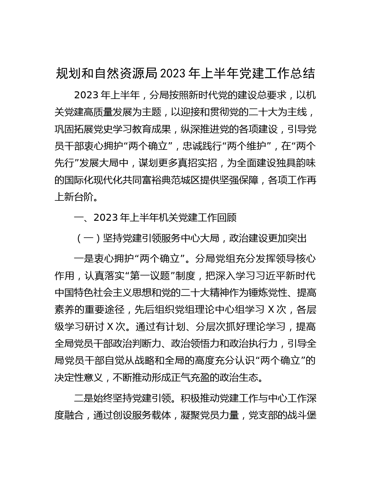 规划和自然资源局2023年上半年党建工作总结