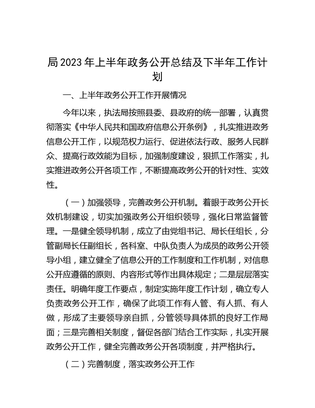 局2023年上半年政务公开总结及下半年工作计划