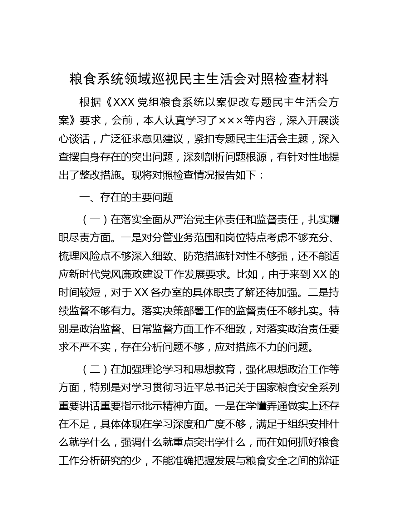 粮食系统领域巡视民主生活会对照检查材料