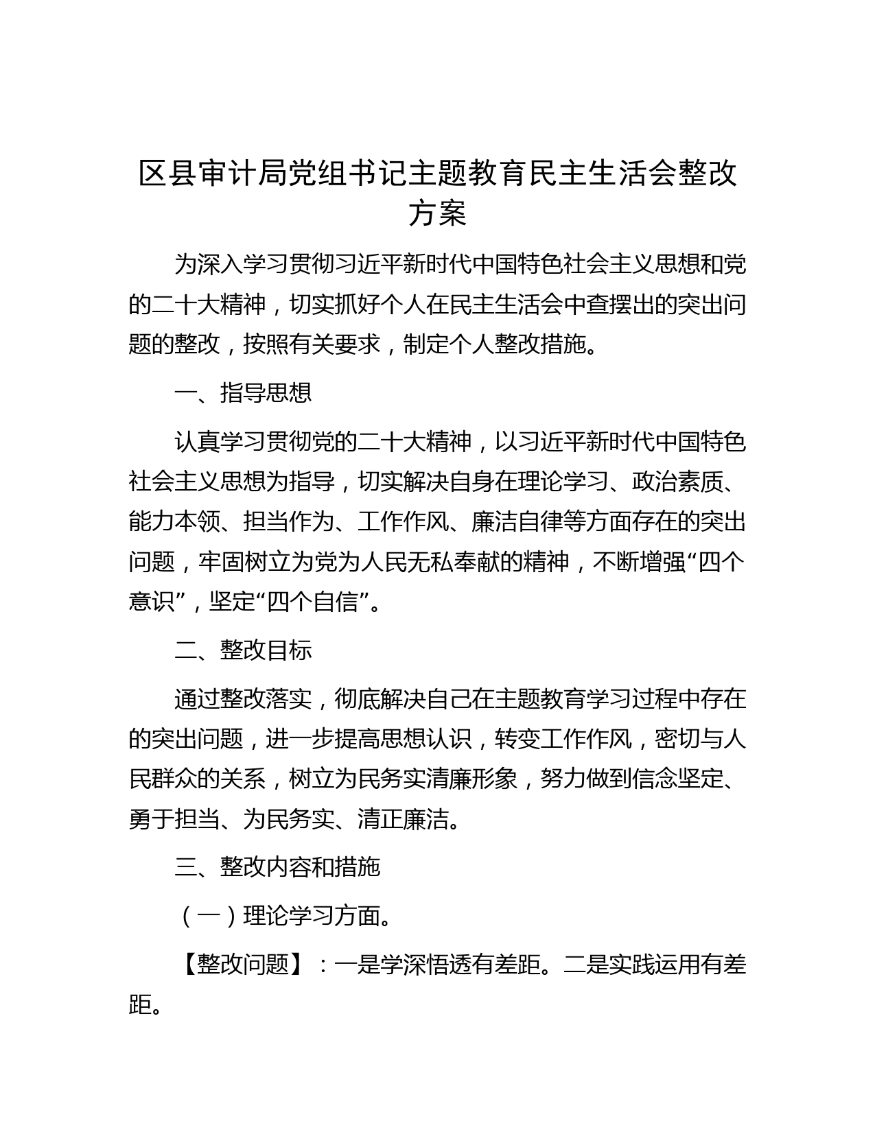 区县审计局党组书记主题教育民主生活会整改方案