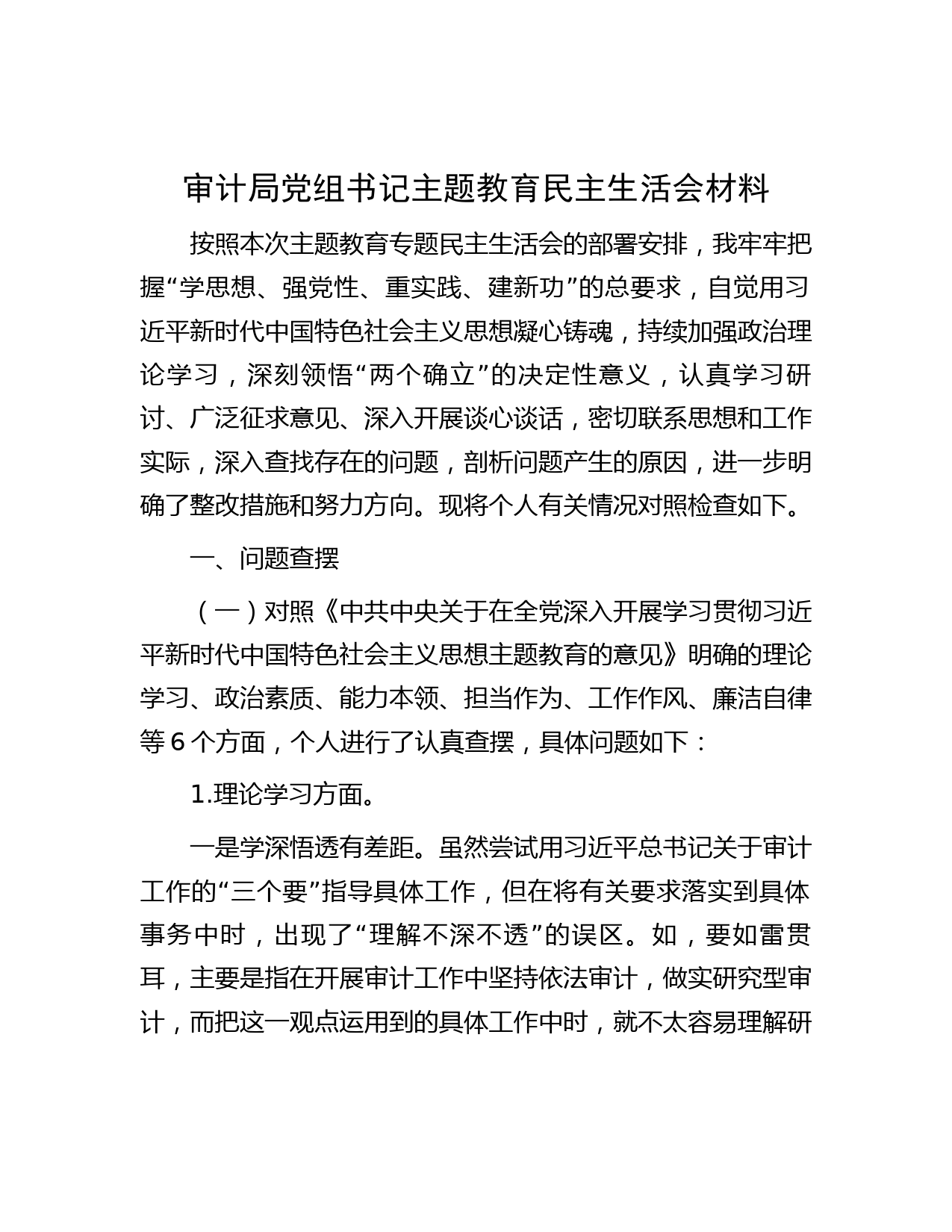 审计局党组书记主题教育民主生活会材料