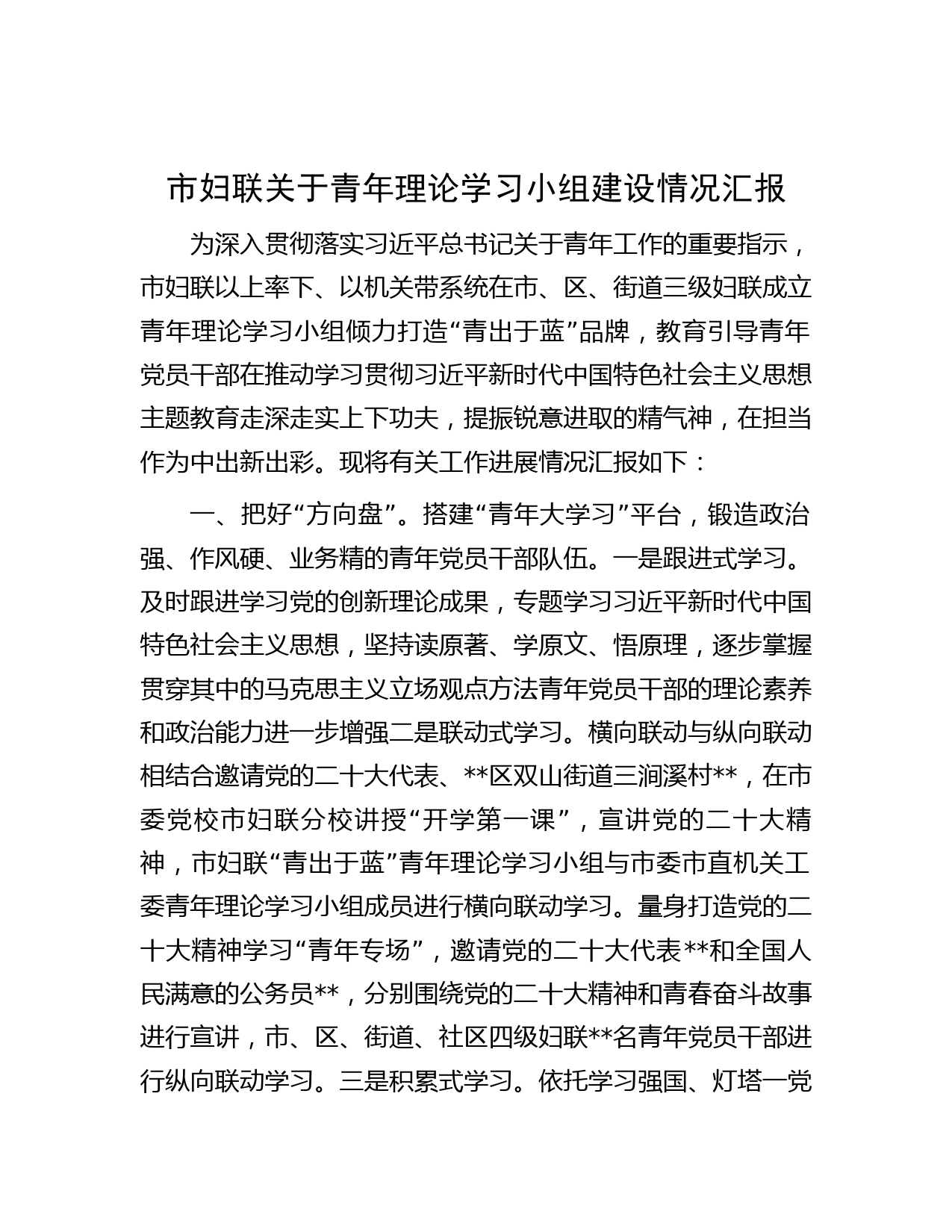 市妇联关于青年理论学习小组建设情况汇报