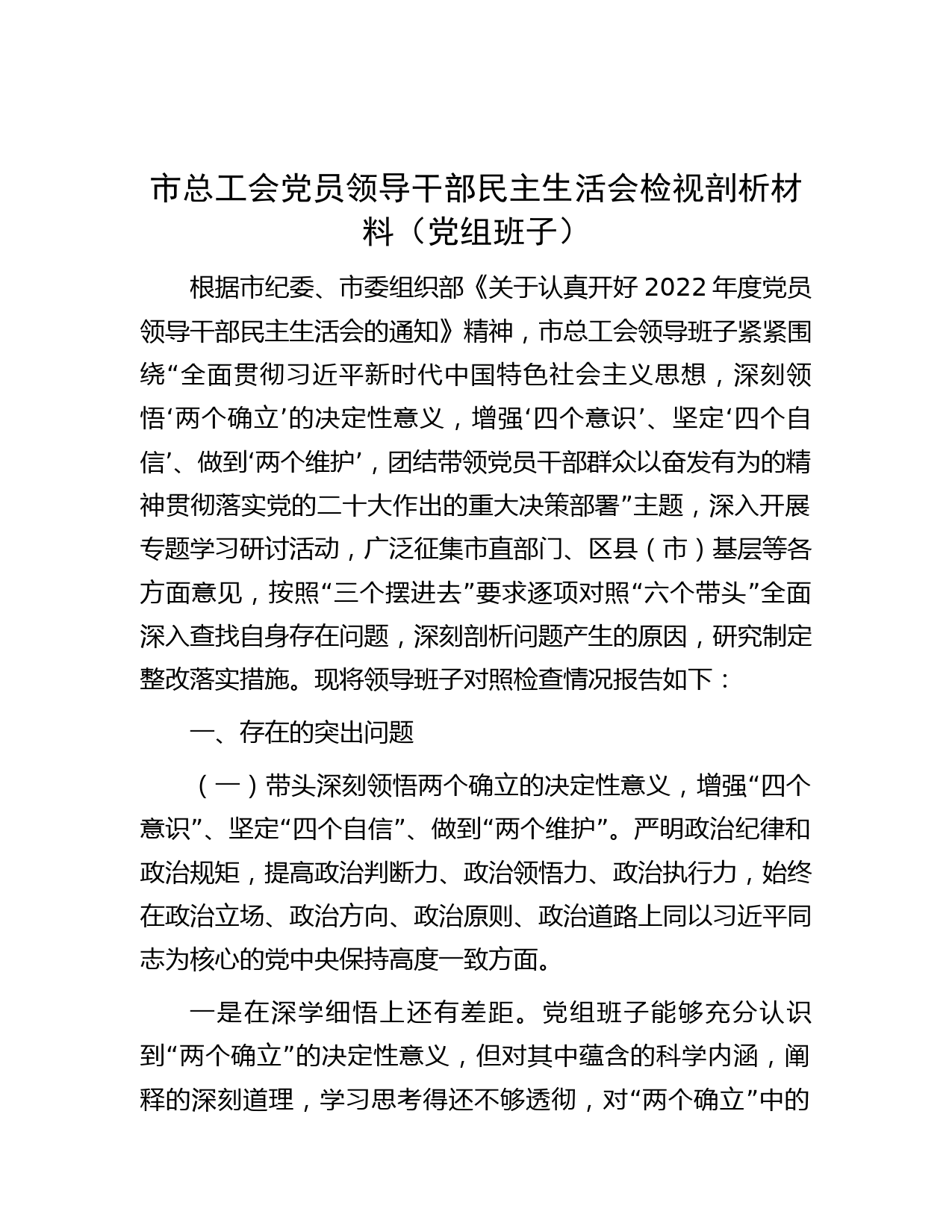 市总工会党员领导干部民主生活会检视剖析材料（党组班子）