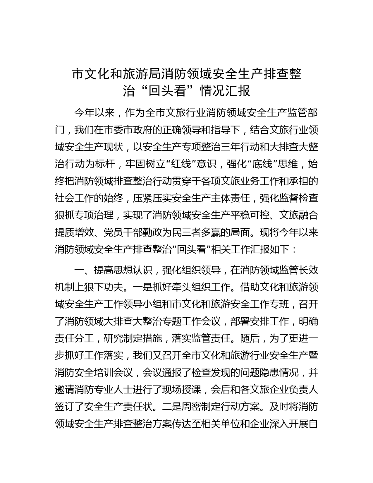 市文化和旅游局消防领域安全生产排查整治“回头看”情况汇报