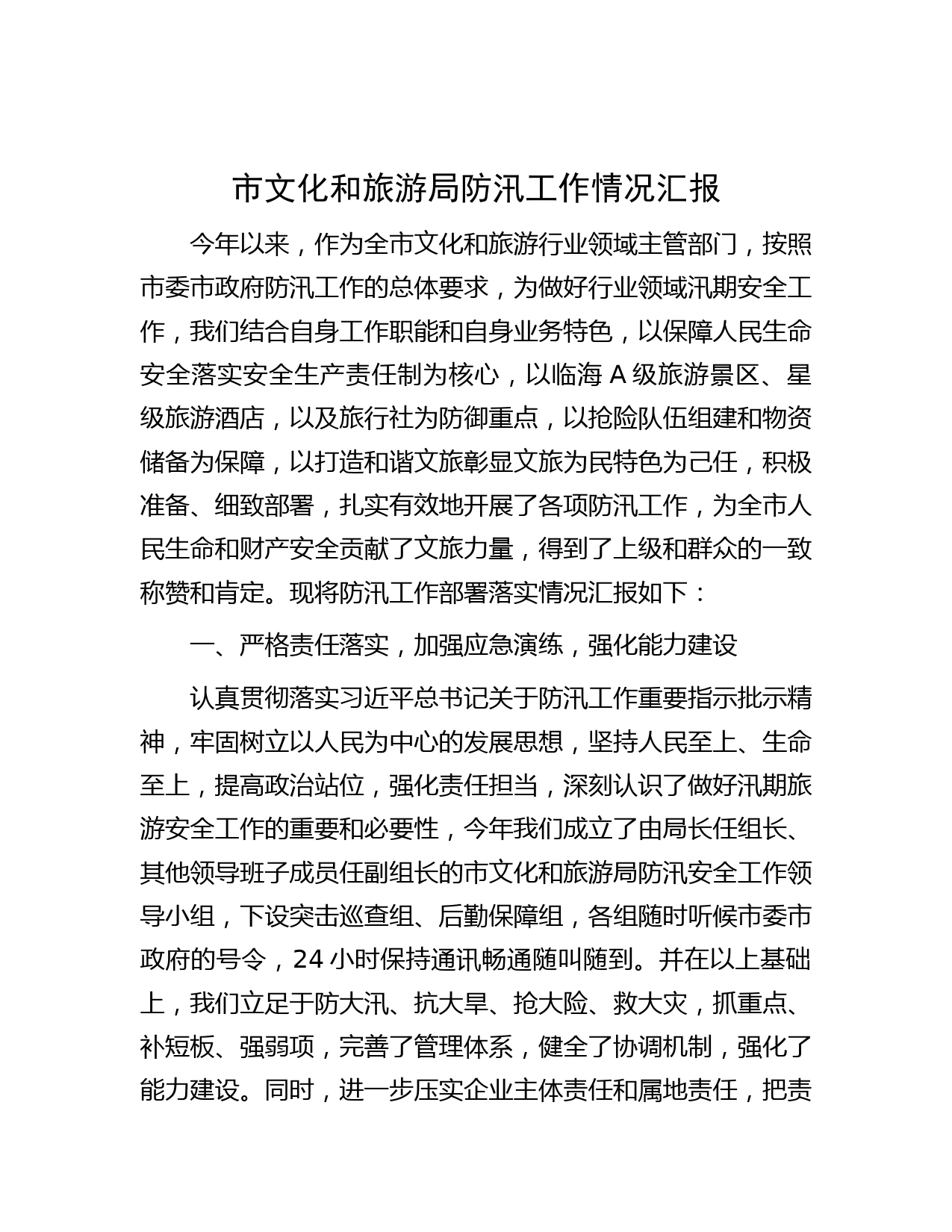 市文化和旅游局防汛工作情况汇报