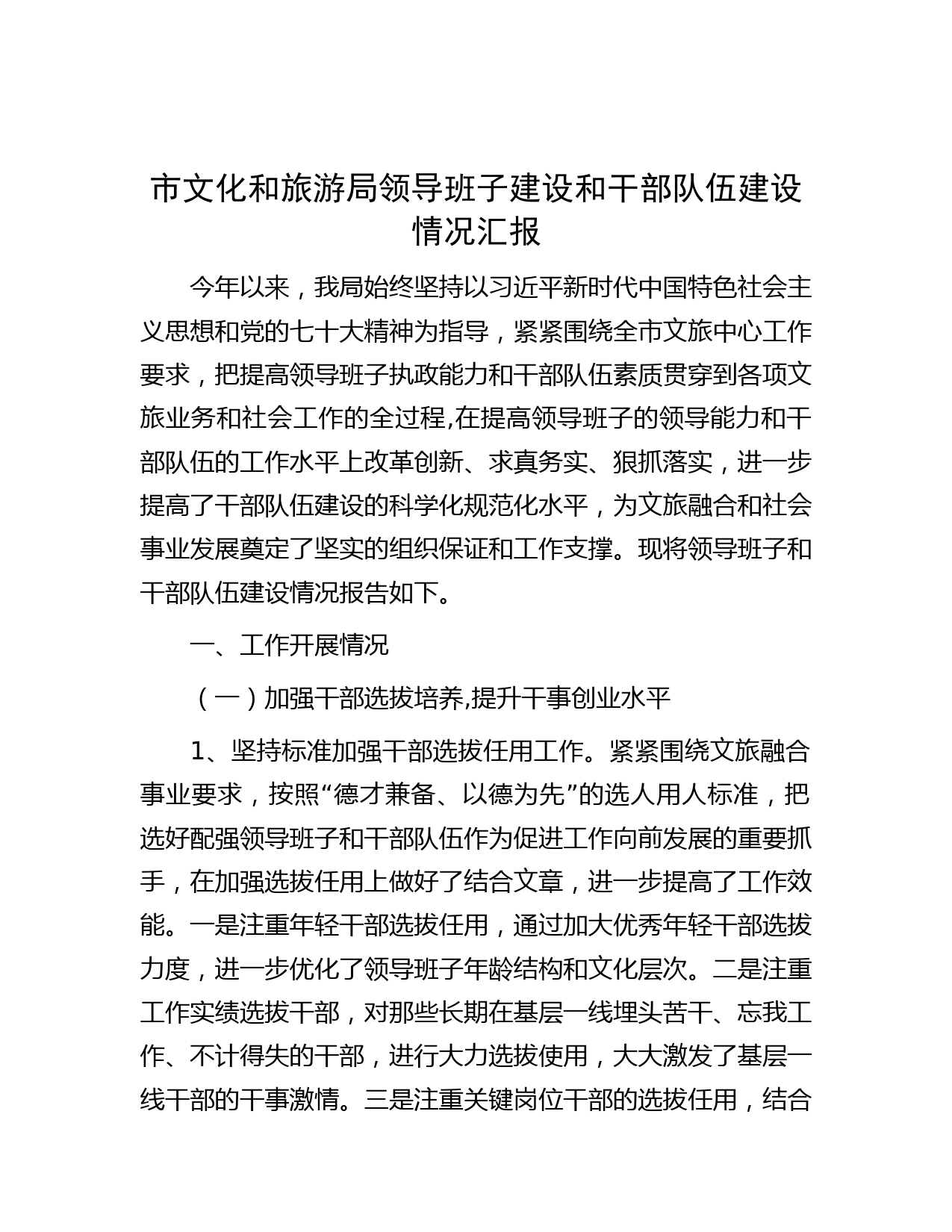 市文化和旅游局领导班子建设和干部队伍建设情况汇报