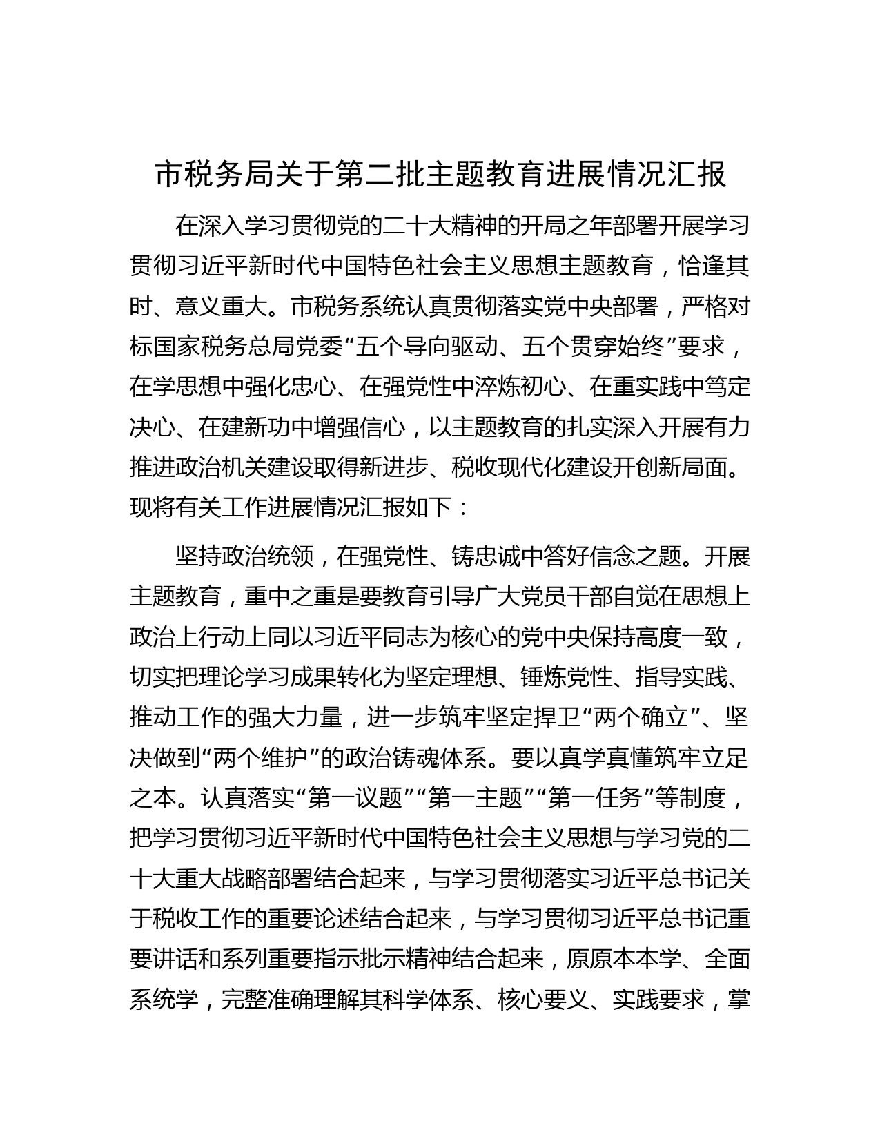 市税务局关于第二批主题教育进展情况汇报