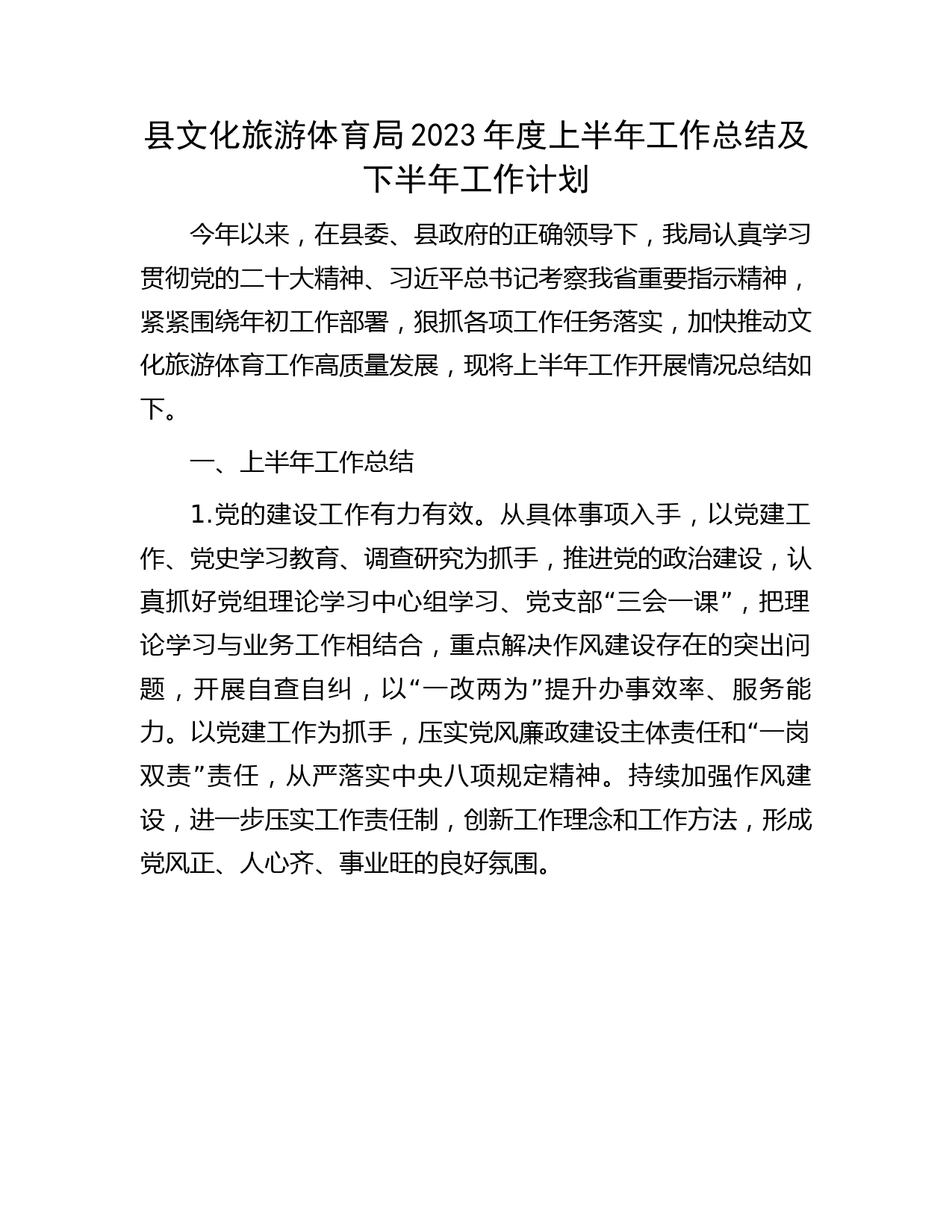 县文旅局2023年度上半年工作总结及下半年工作计划