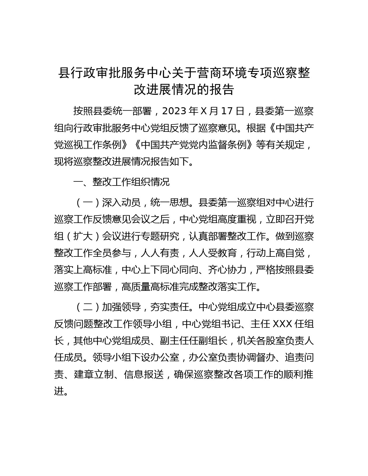 县行政审批服务中心关于营商环境专项巡察整改进展情况的报告