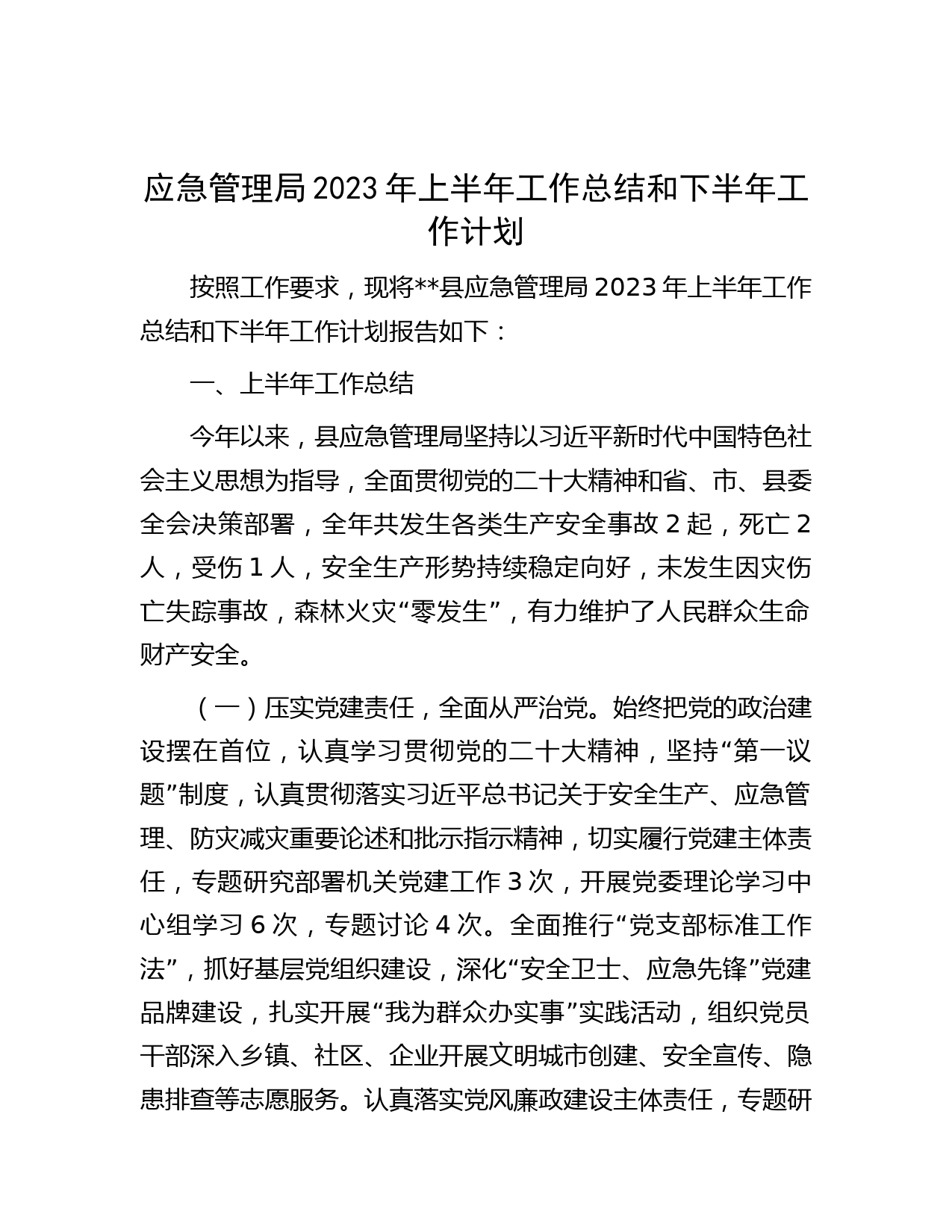 应急管理局2023年上半年工作总结和下半年工作计划