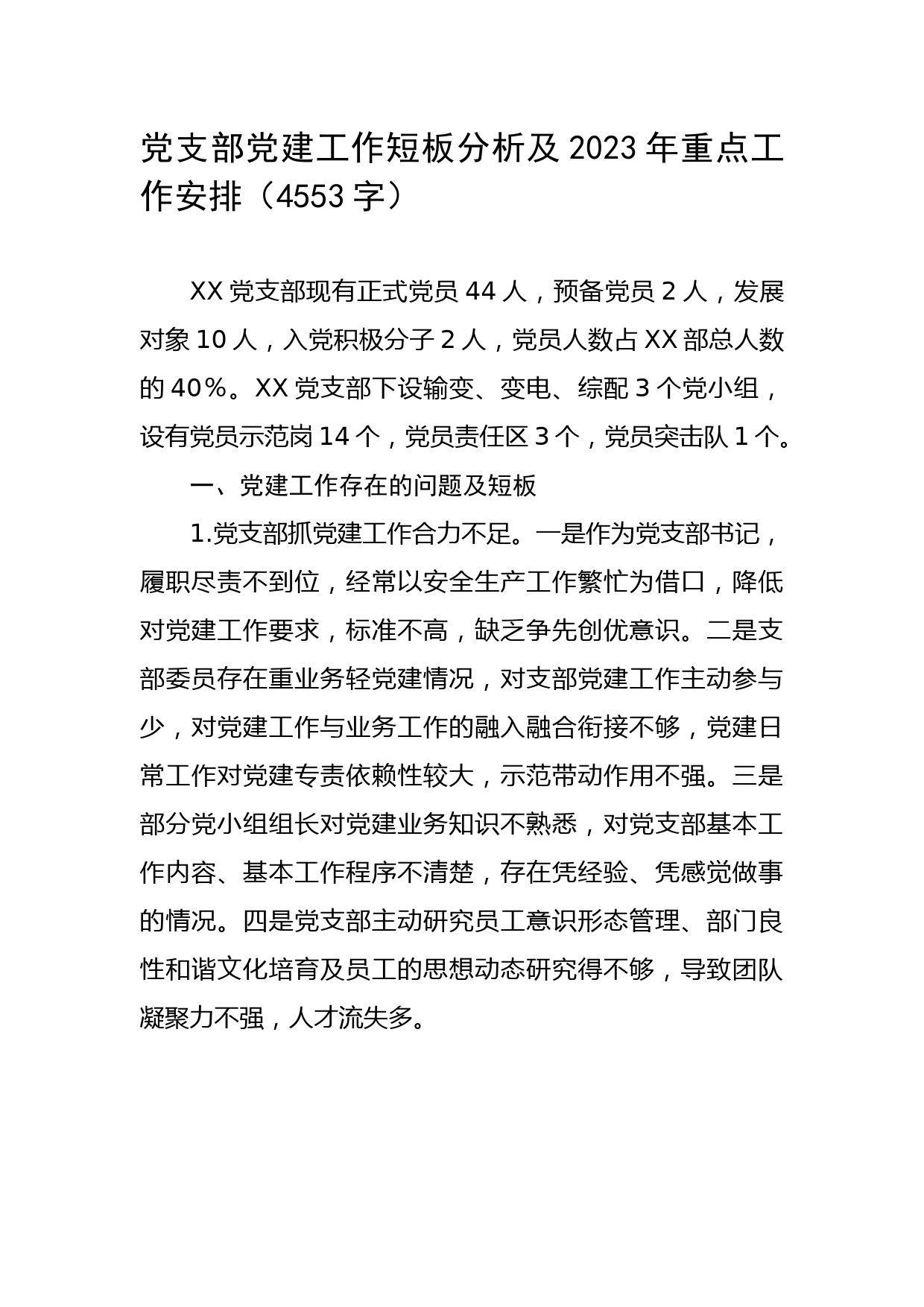 支部党建工作短板分析及2023年重点工作安排