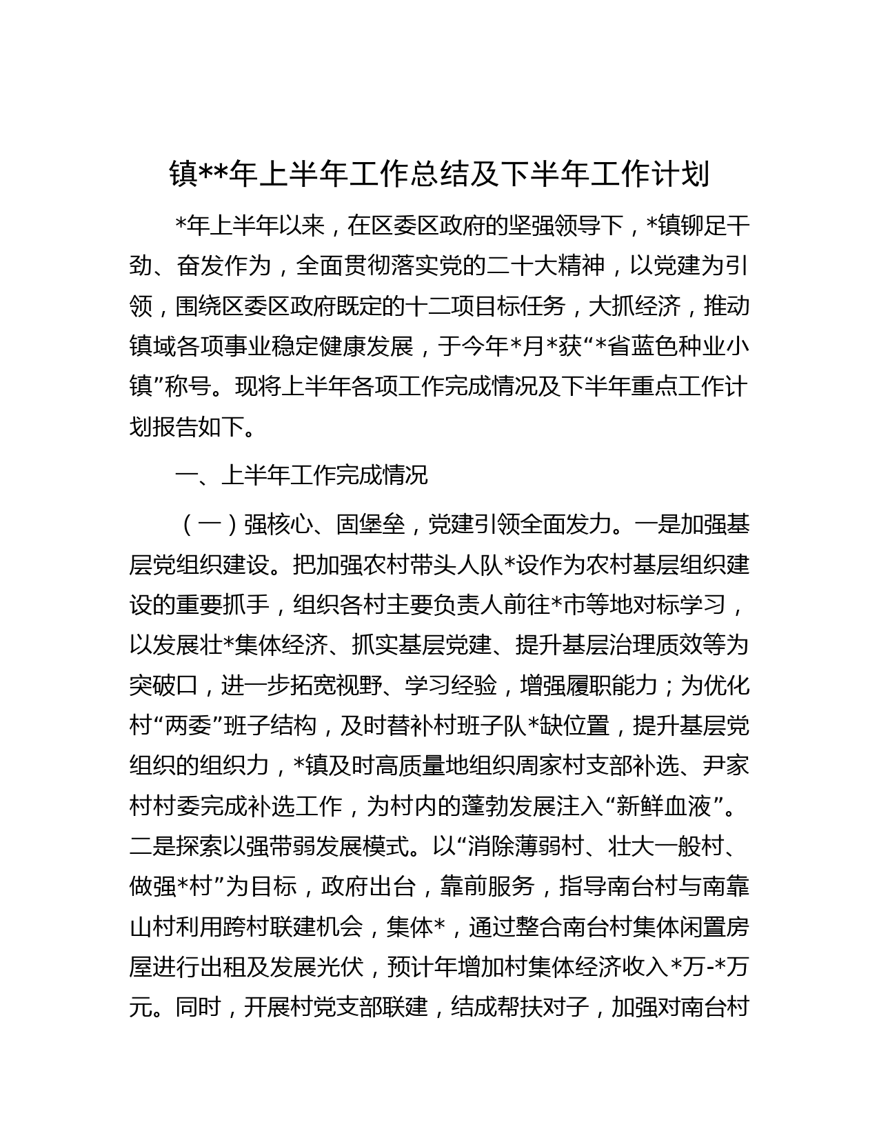 镇年上半年工作总结及下半年工作计划