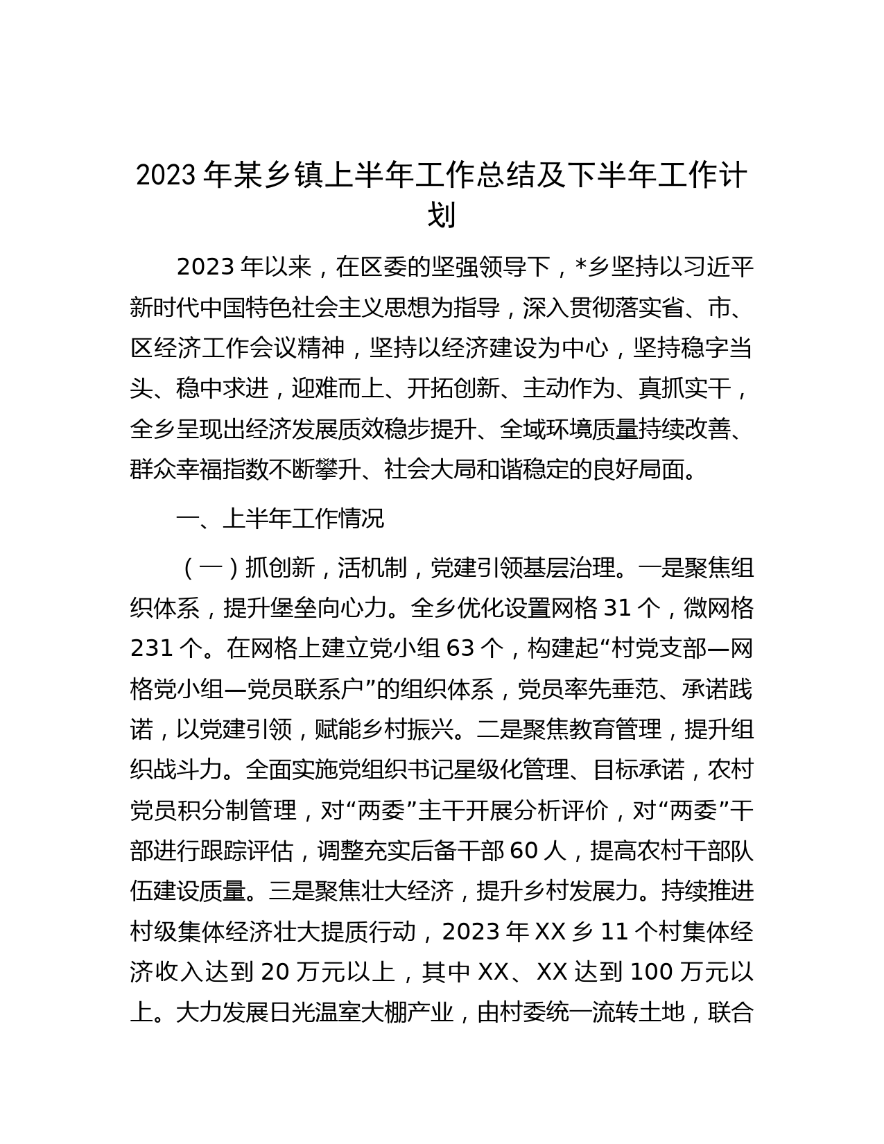 2023年某乡镇上半年工作总结及下半年工作计划
