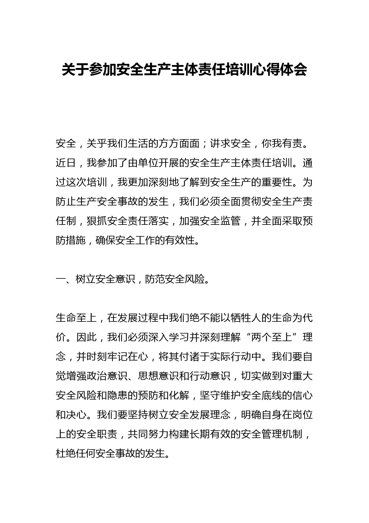 关于参加安全生产主体责任培训心得体会