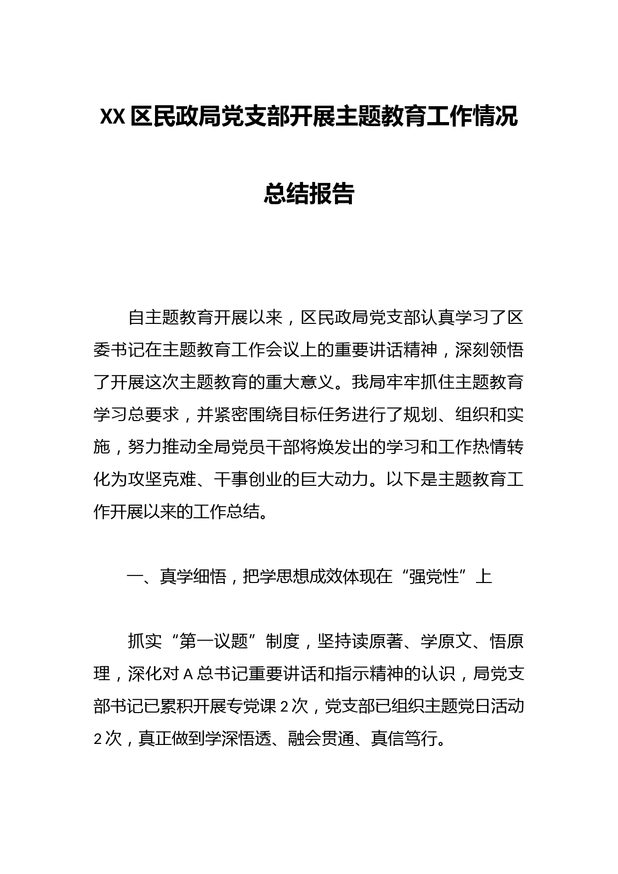 XX区民政局党支部开展主题教育工作情况总结报告