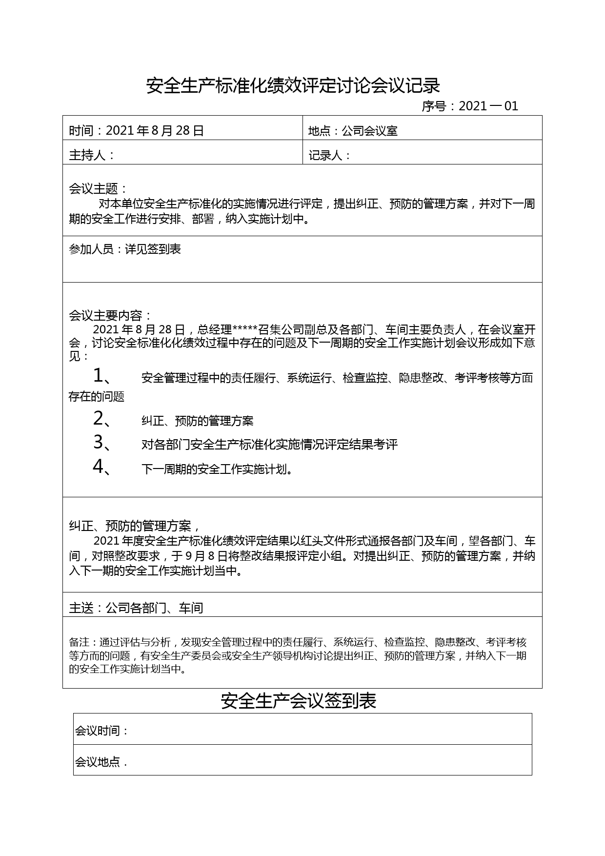 安全生产标准化绩效评定讨论会议记录