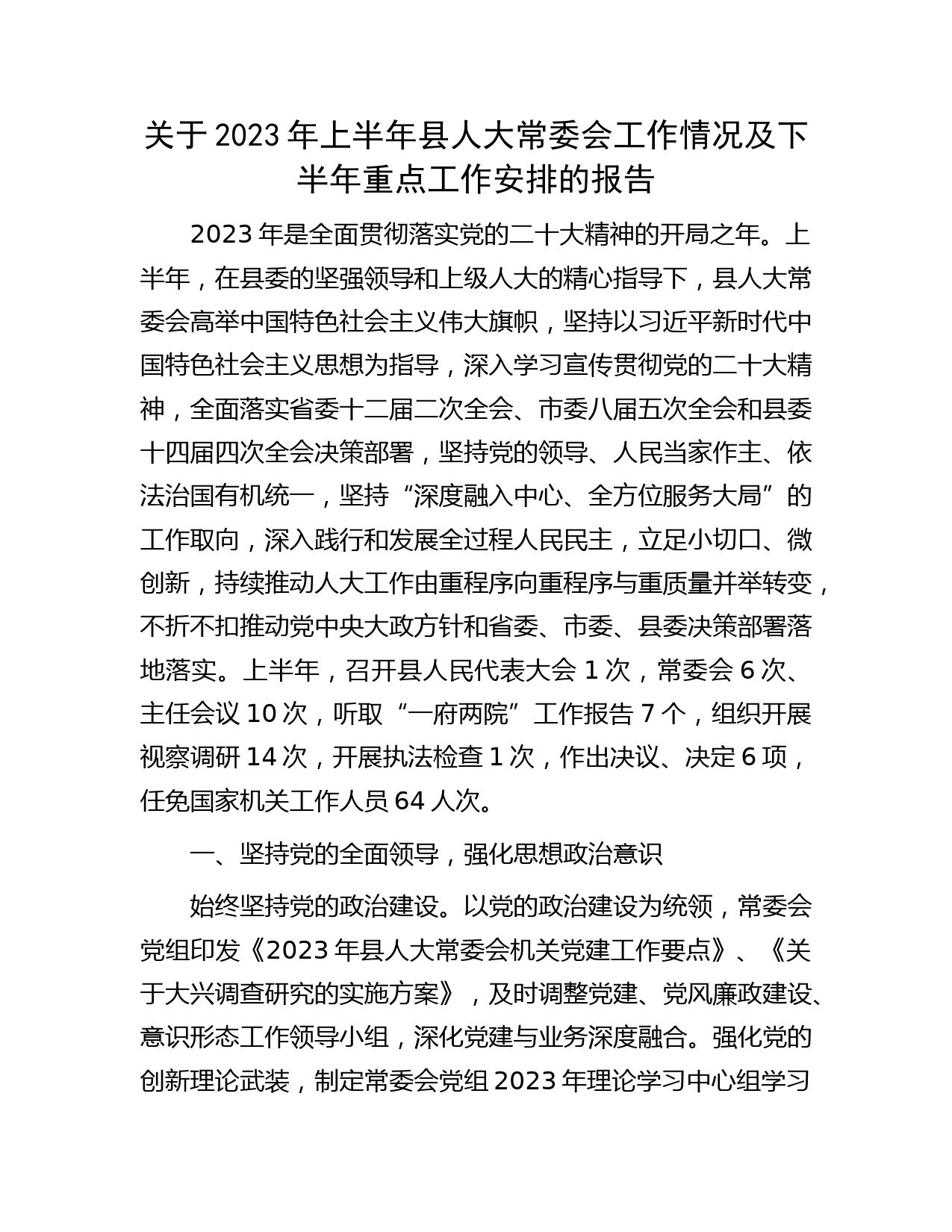 2023年上半年人大工作情况总结报告