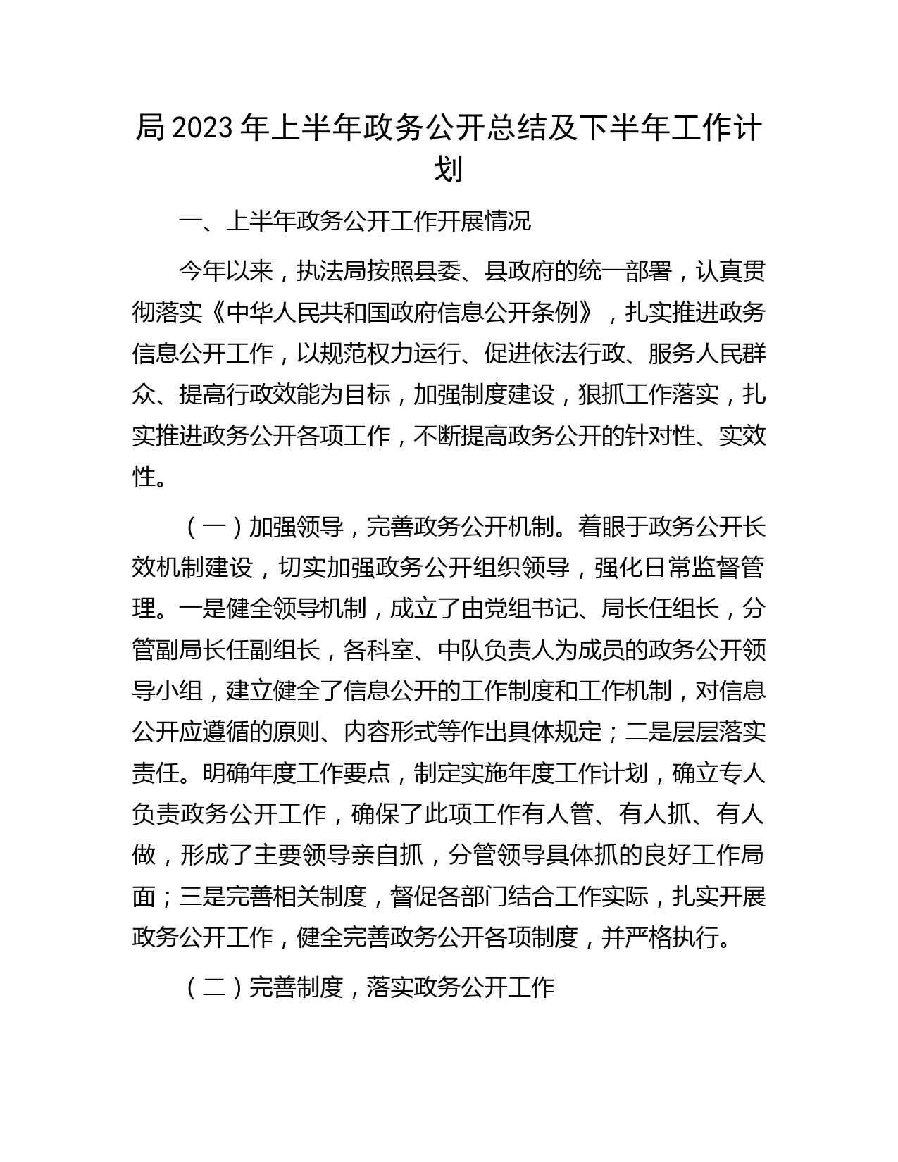 2023年上半年政务公开总结及下半年工作计划