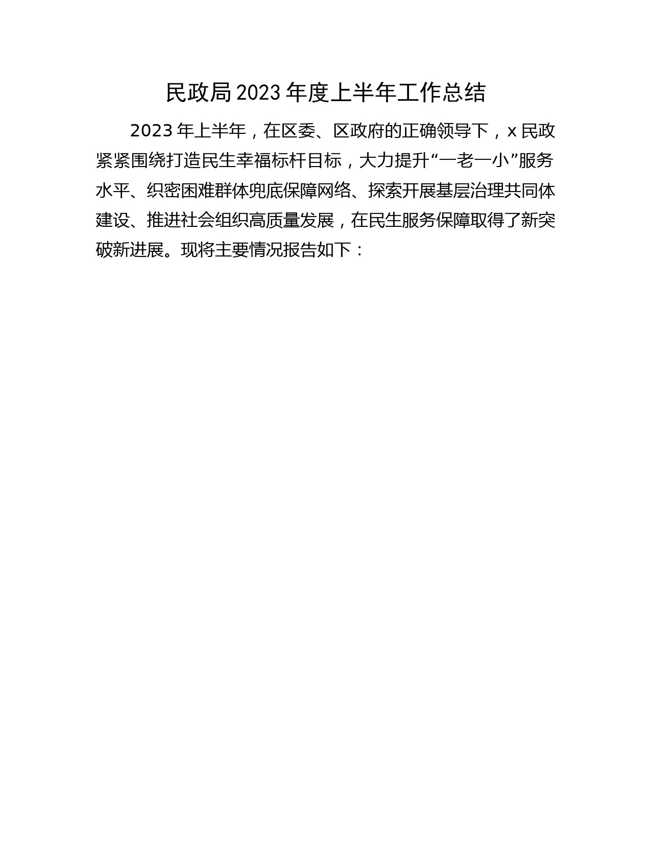 民政局2023年度上半年工作总结