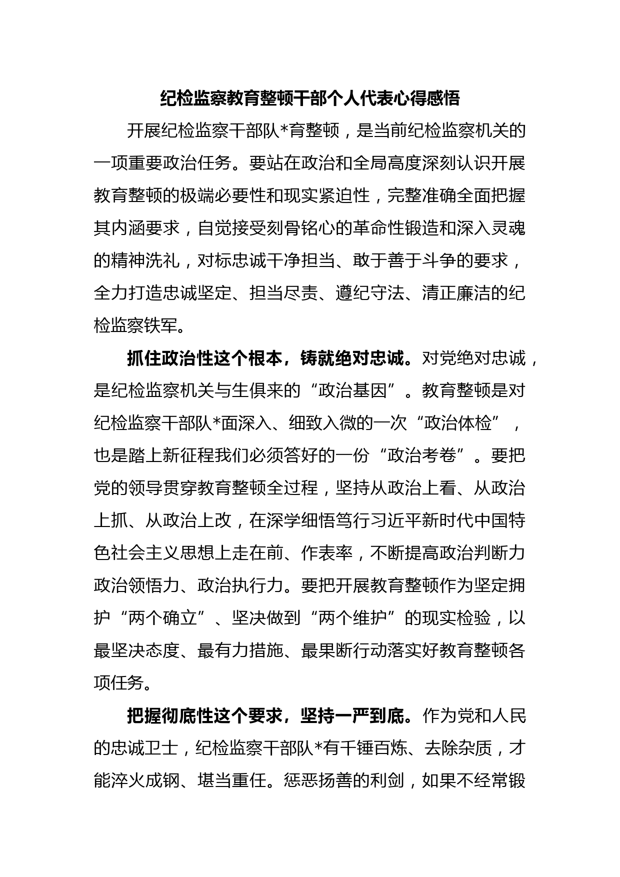 纪检监察教育整顿干部个人代表心得感悟