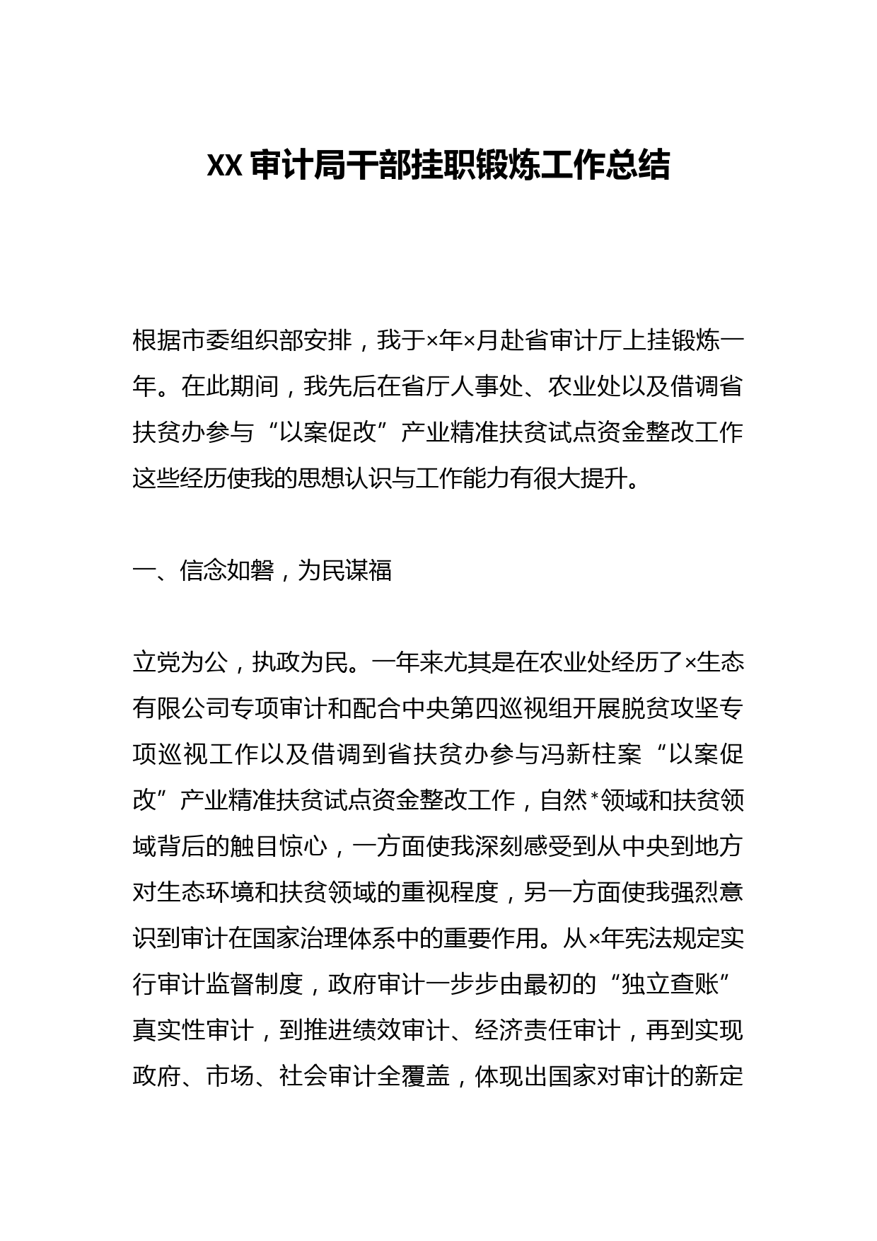 XX审计局干部挂职锻炼工作总结