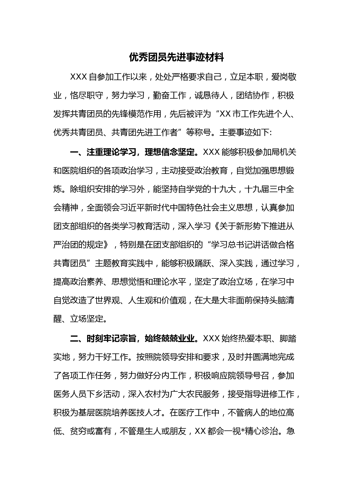 优秀团员先进事迹材料