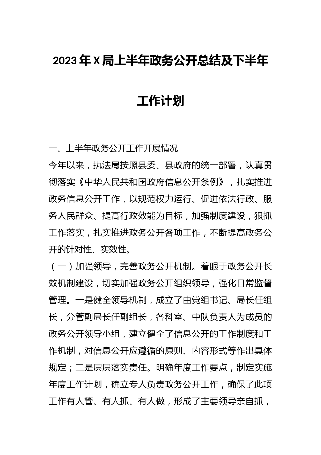 2023年X局上半年政务公开总结及下半年工作计划