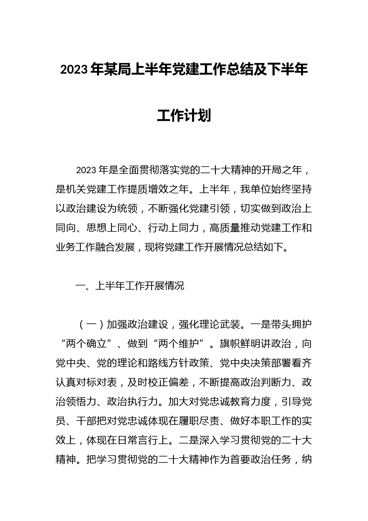 2023年某局上半年党建工作总结及下半年工作计划