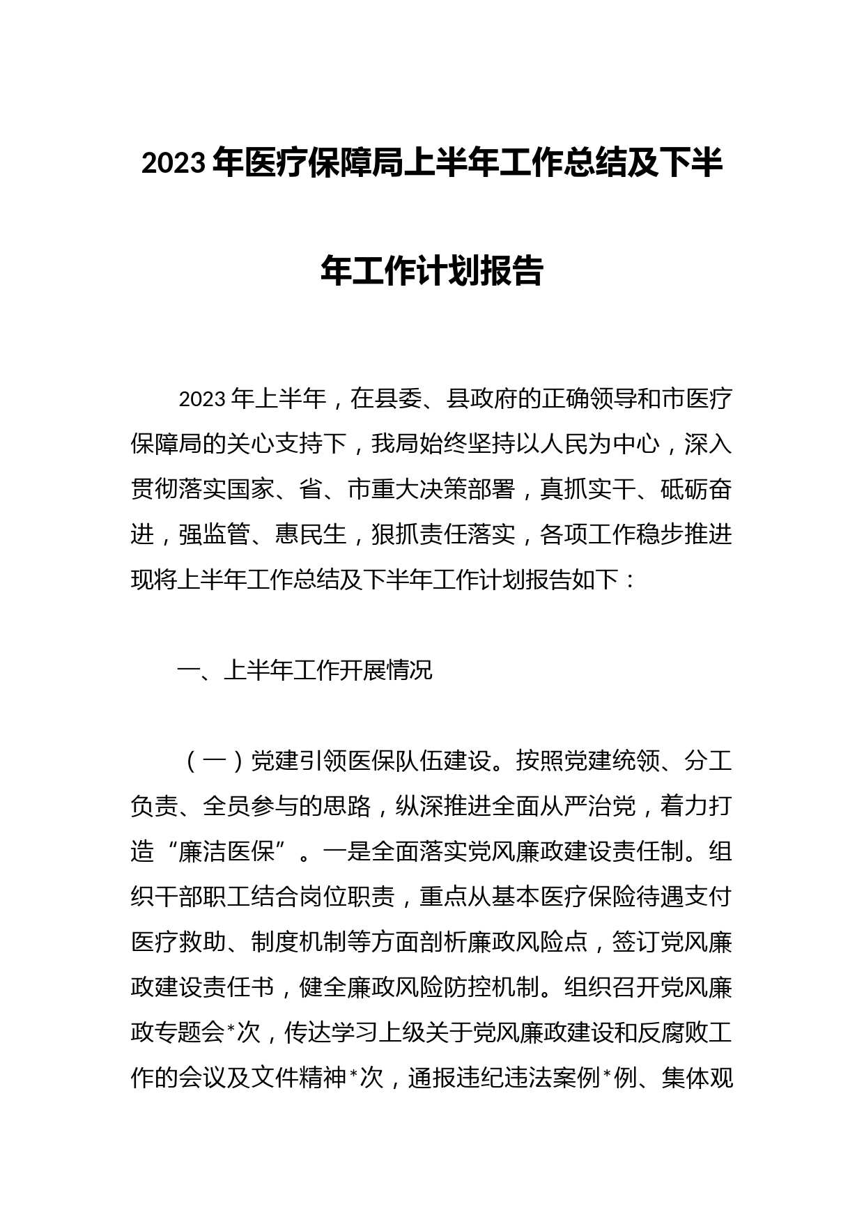 2023年医疗保障局上半年工作总结及下半年工作计划报告