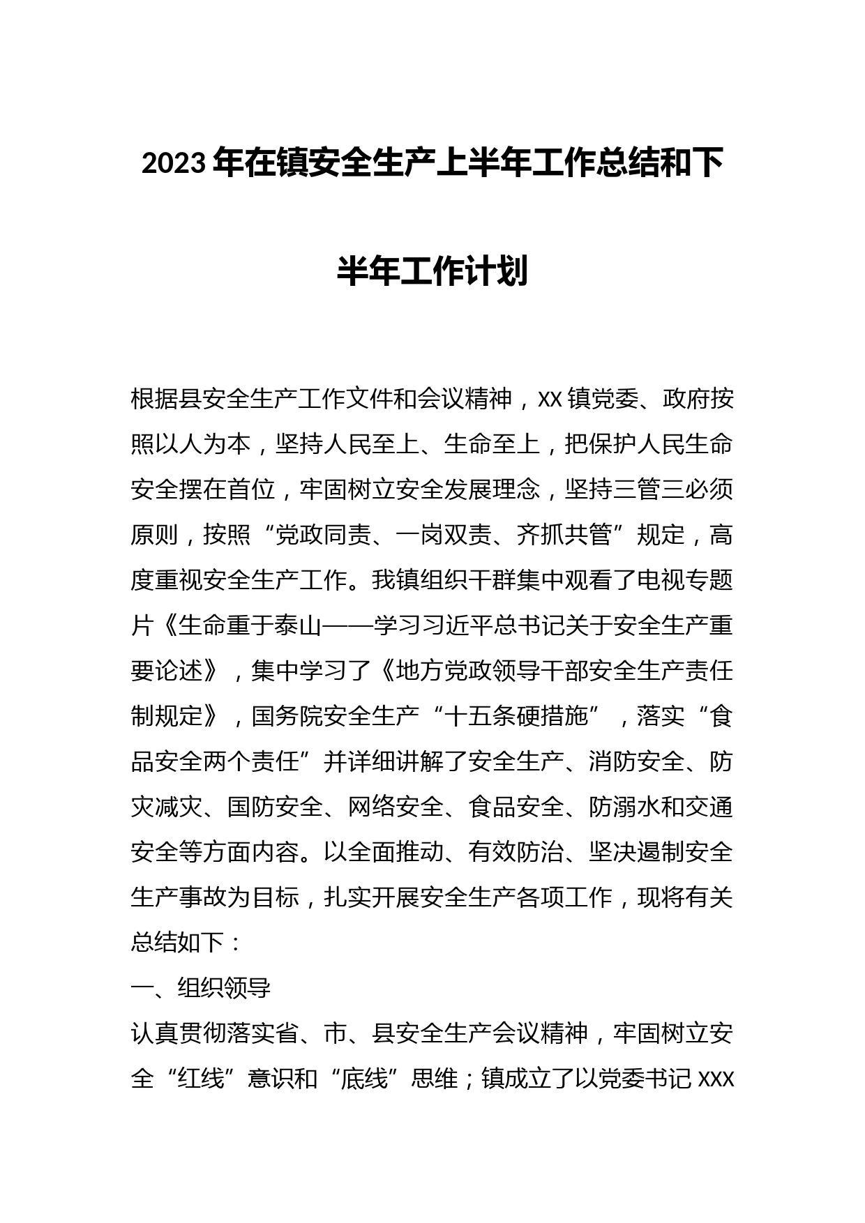 2023年在镇安全生产上半年工作总结和下半年工作计划