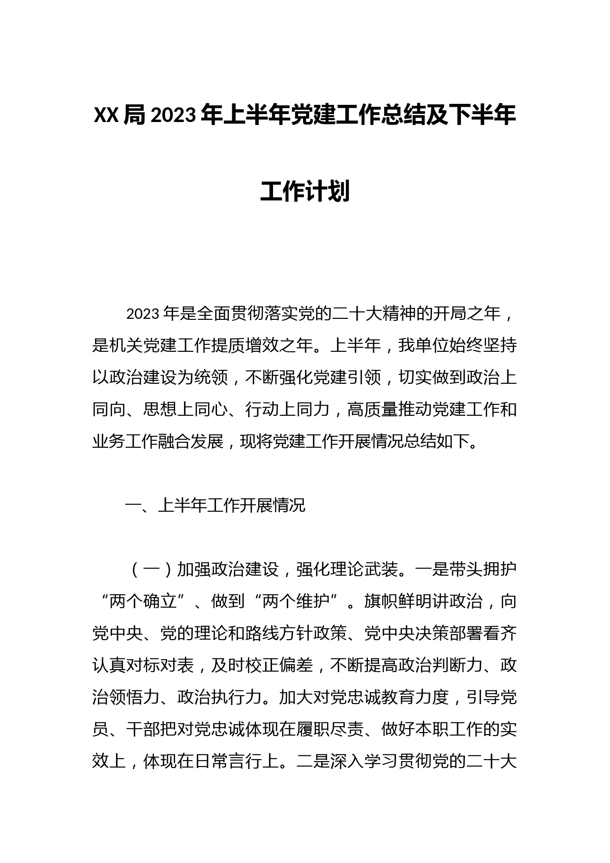 XX局2023年上半年党建工作总结及下半年工作计划