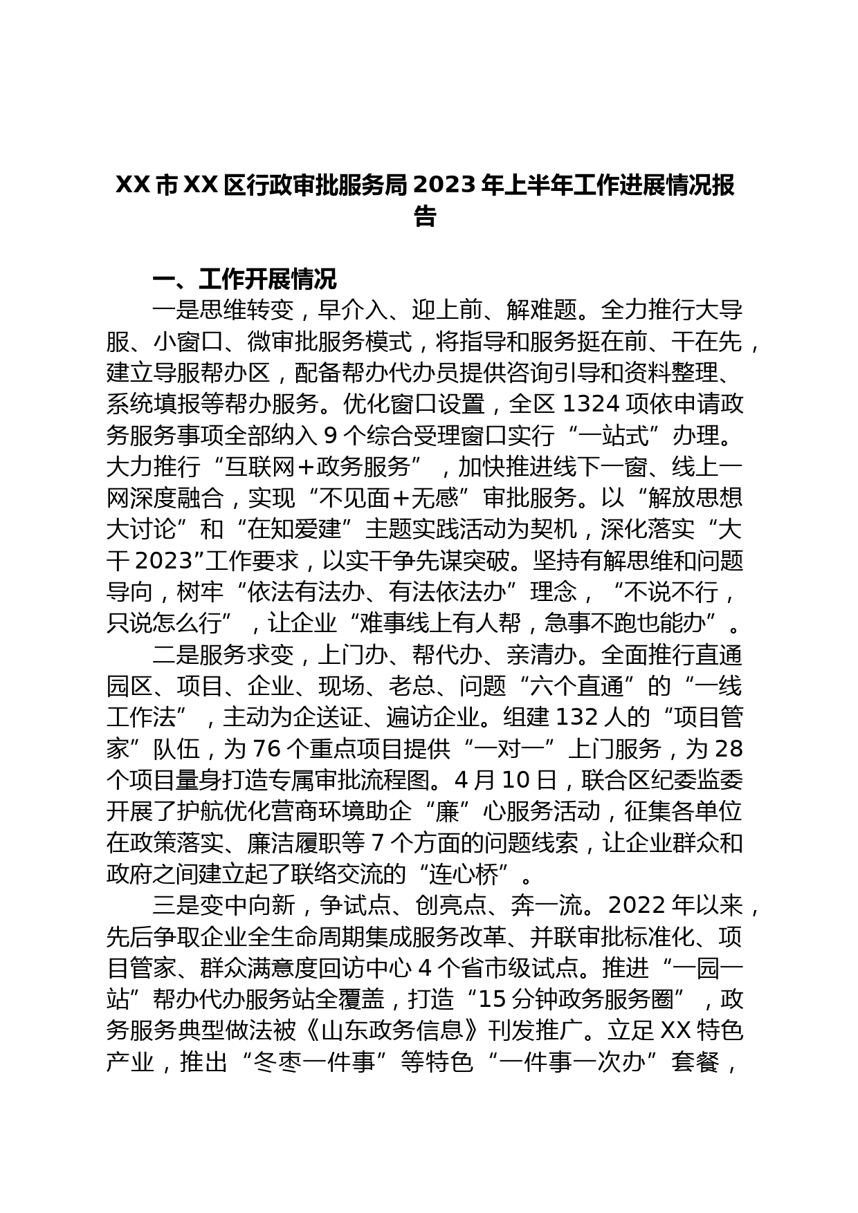 XX市XX区行政审批服务局2023年上半年工作进展情况报告