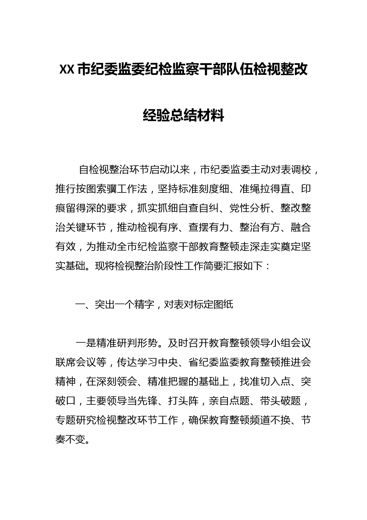 XX市纪委监委纪检监察干部队伍检视整改经验总结材料