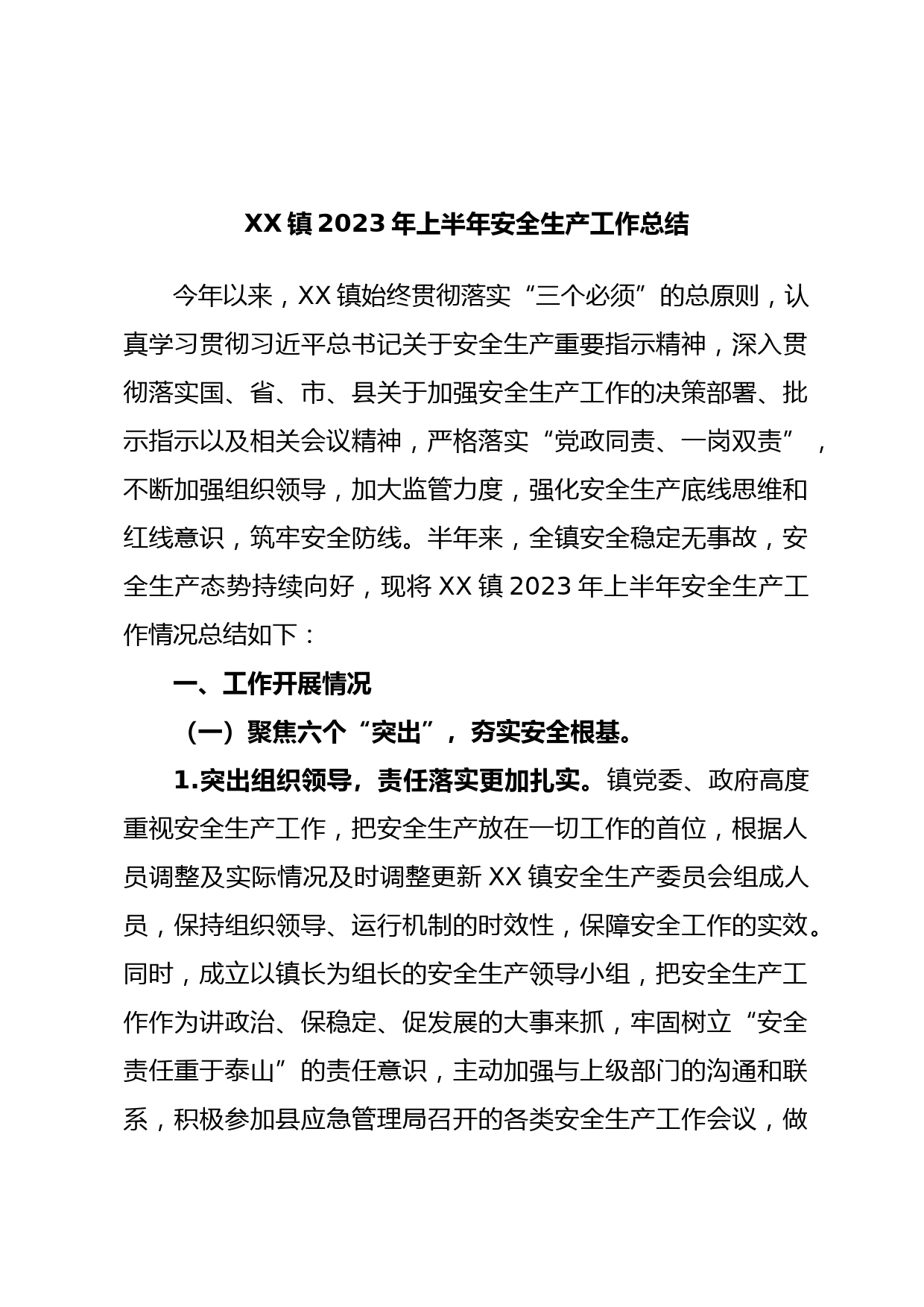 XX镇2023年上半年安全生产工作总结
