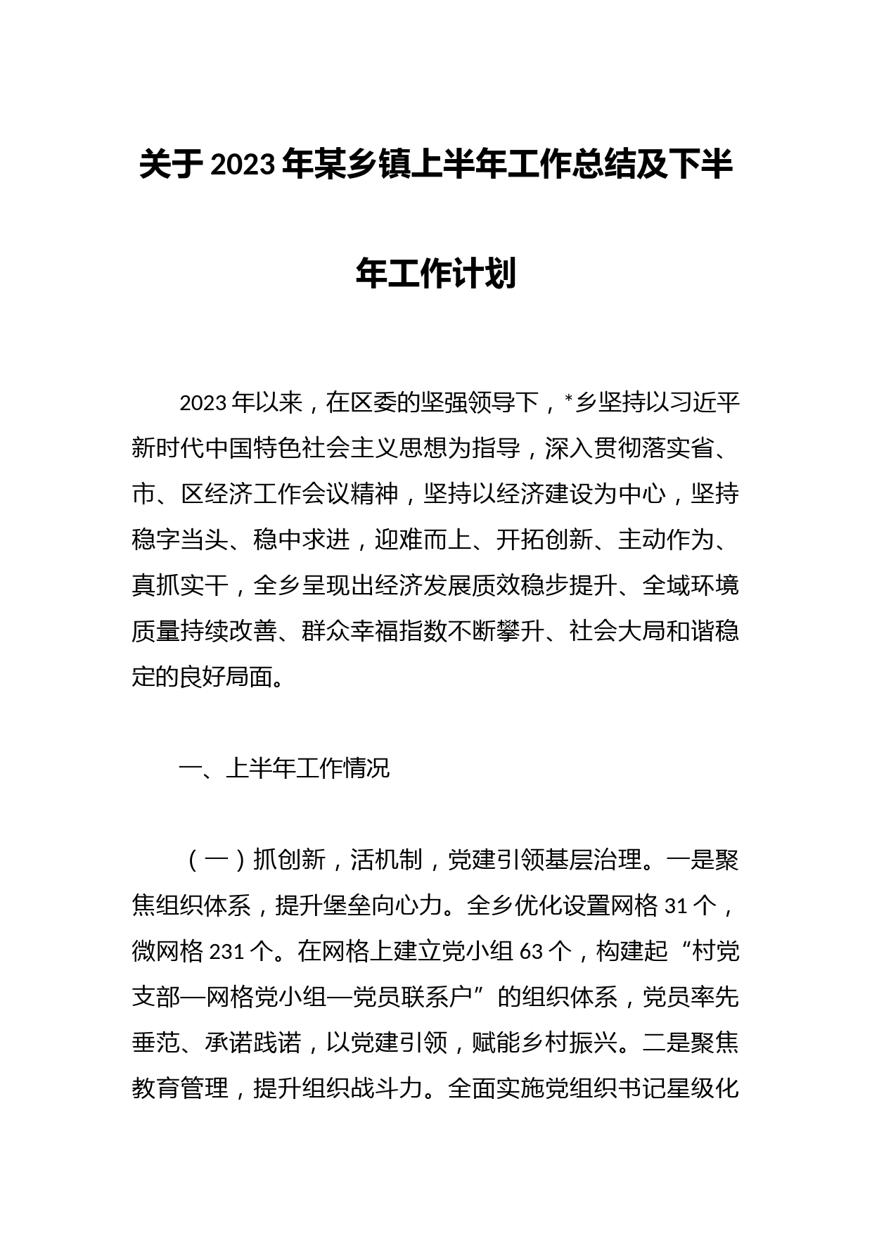 关于2023年某乡镇上半年工作总结及下半年工作计划
