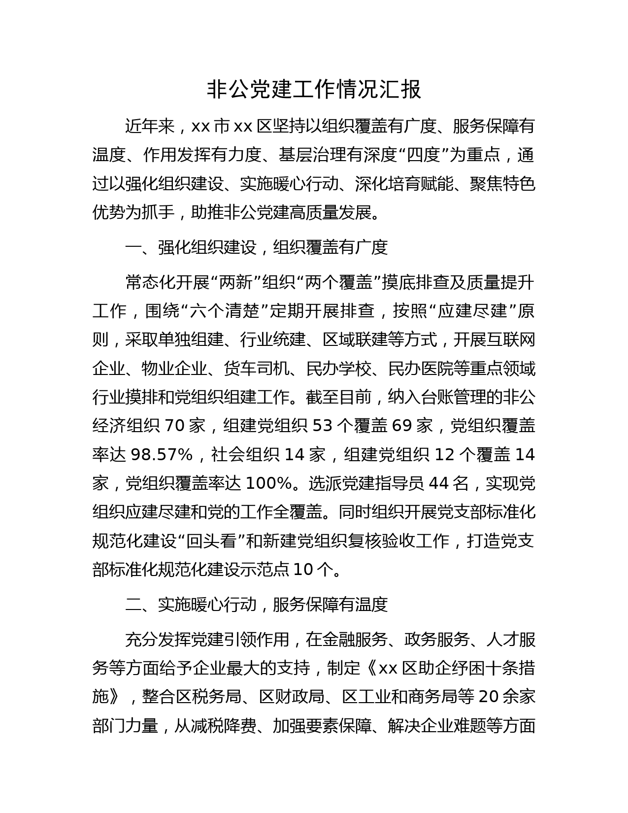 非公党建工作情况汇报