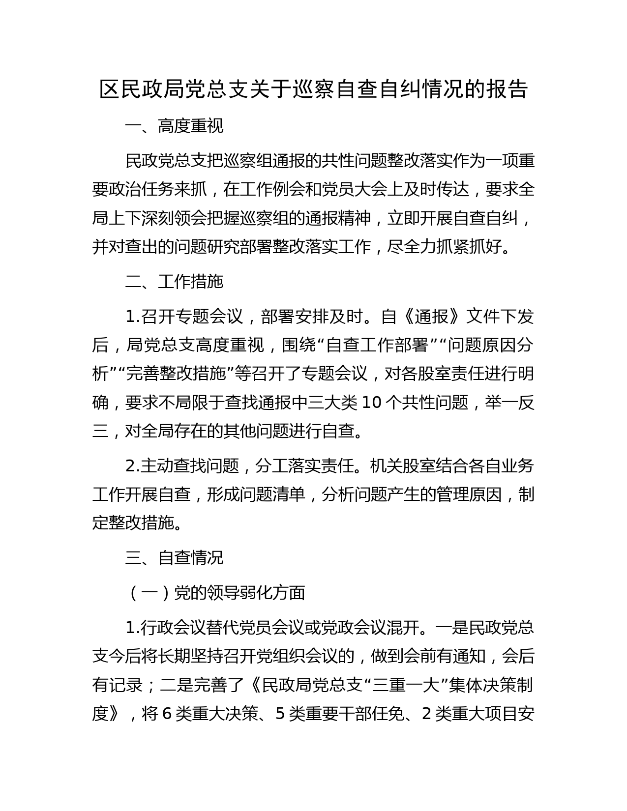 区民政系统党总支关于巡察自查自纠情况的总结报告2600字