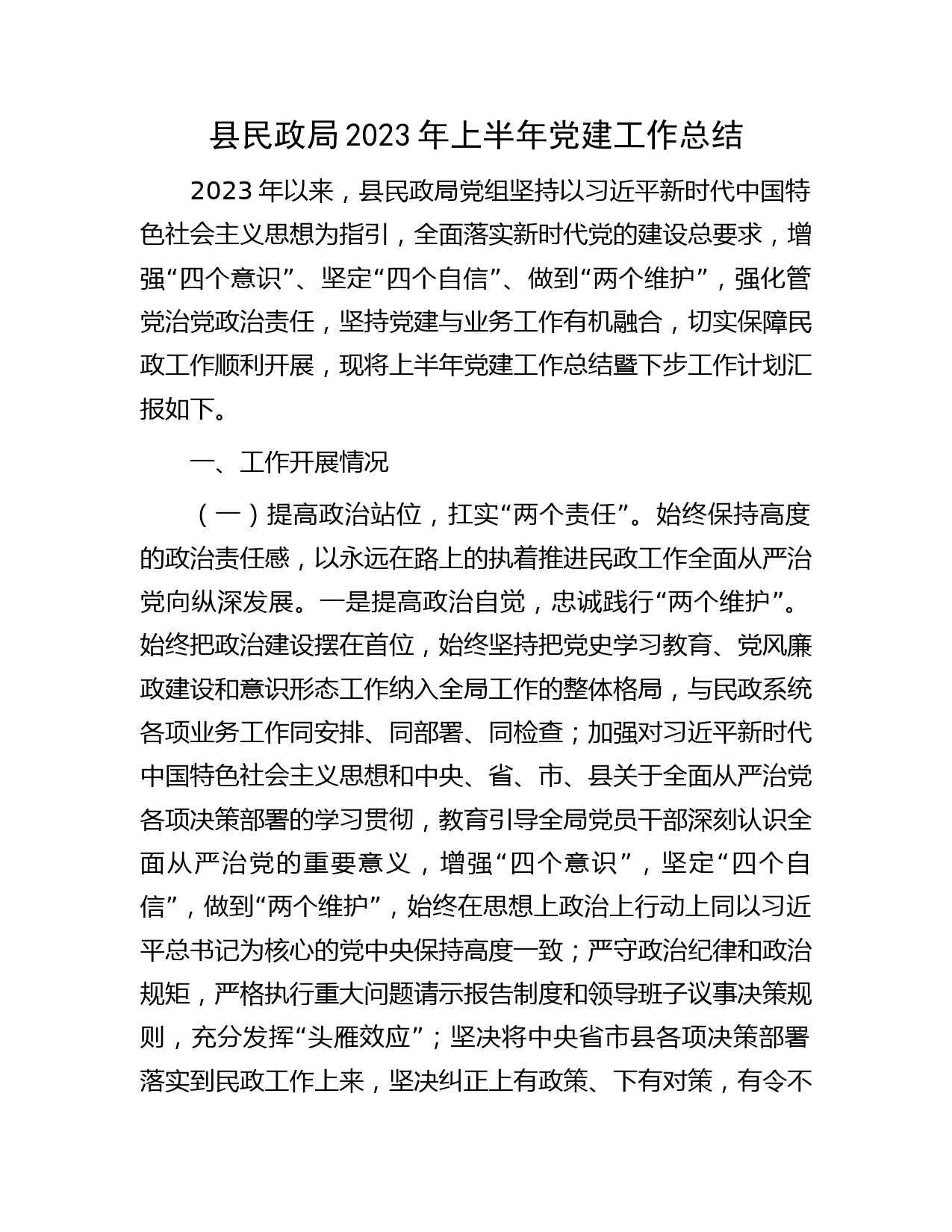 县民政局2023年上半年党建工作总结4300字
