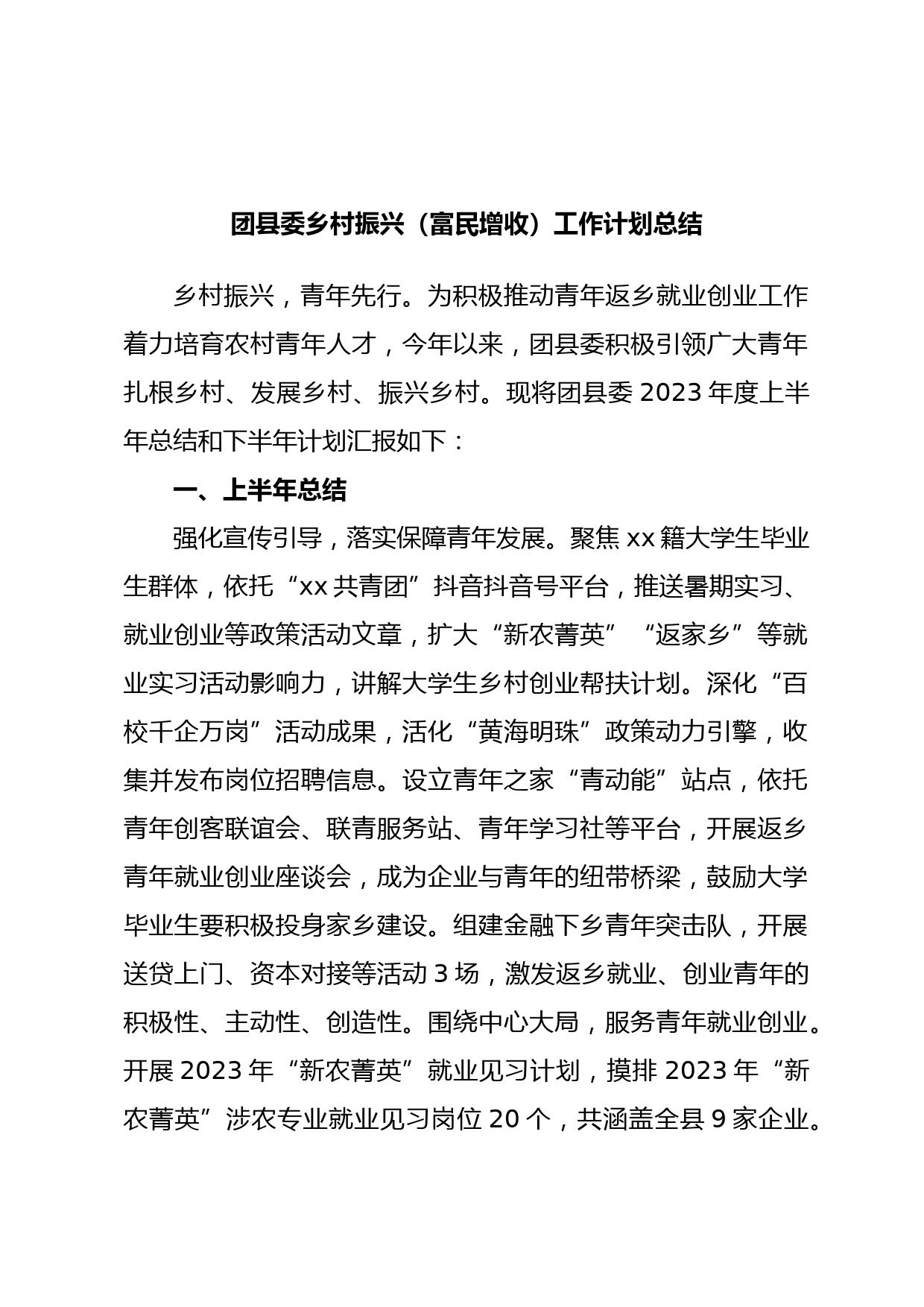 团县委乡村振兴（富民增收）工作计划总结