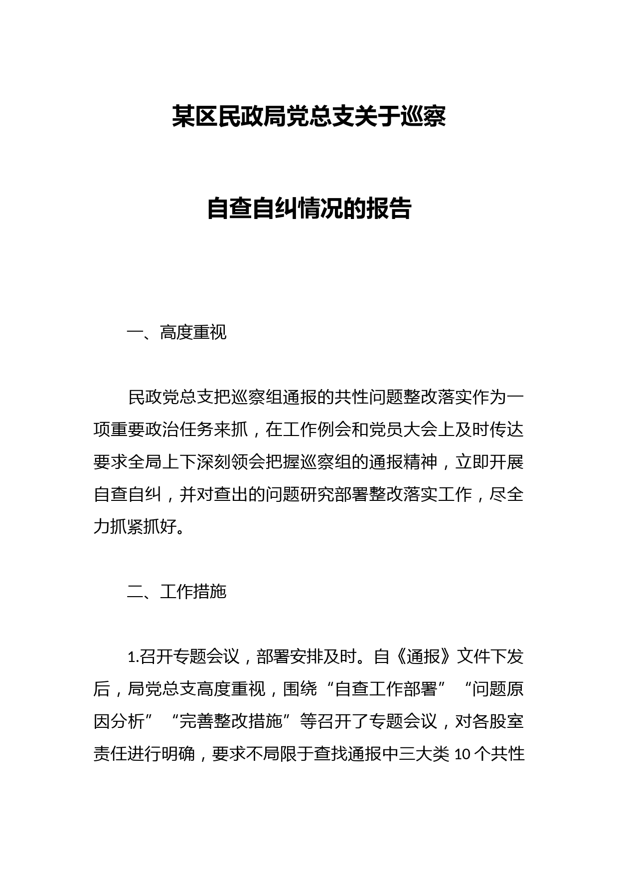 某区民政局党总支关于巡察自查自纠情况的报告
